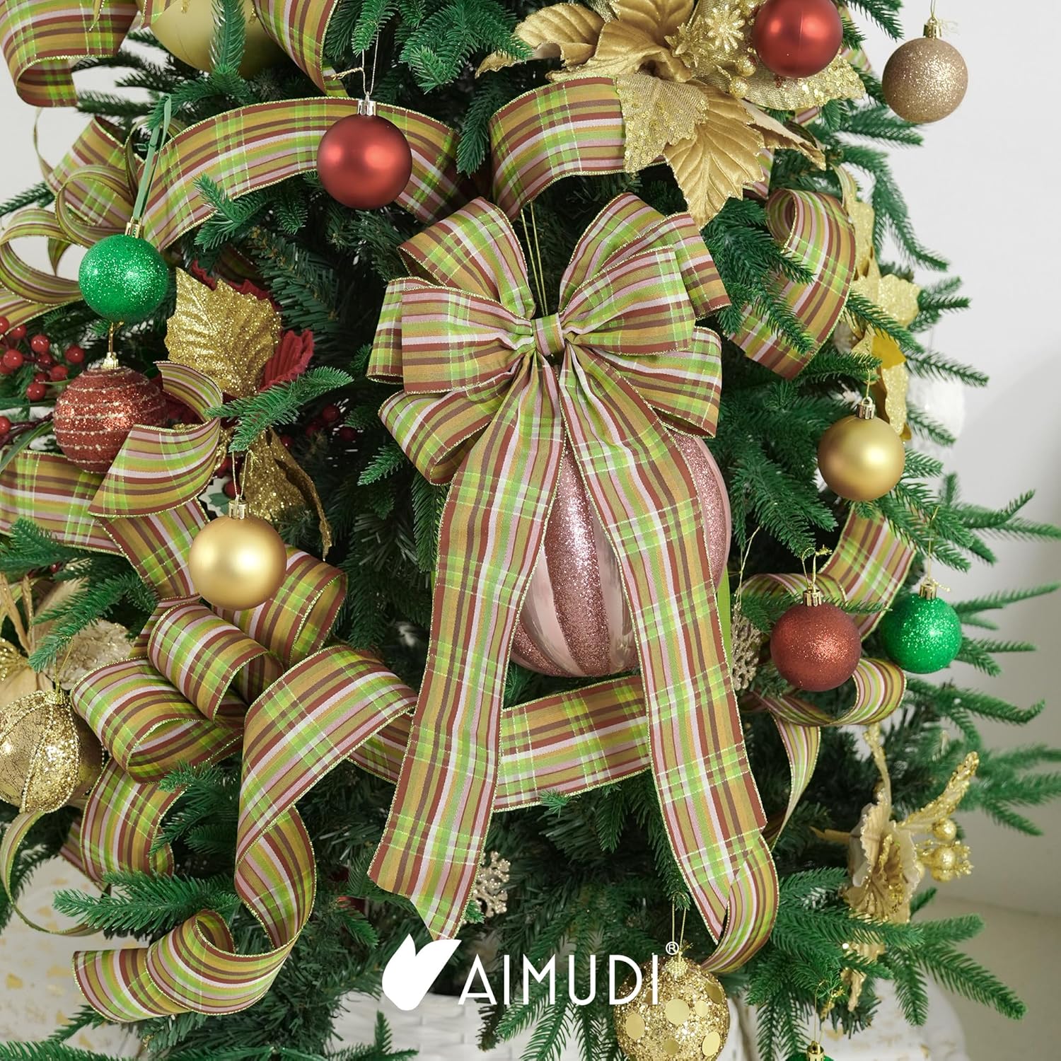 Christmas Tree Bows 10×20'' Fall Plaid Bows For Gift Wrapping Green Wreath Bows With Wire Edge Premade Gift Bows For Craft Present Fireplace Holiday Christmas Autumn Decorations, 2 Pcs