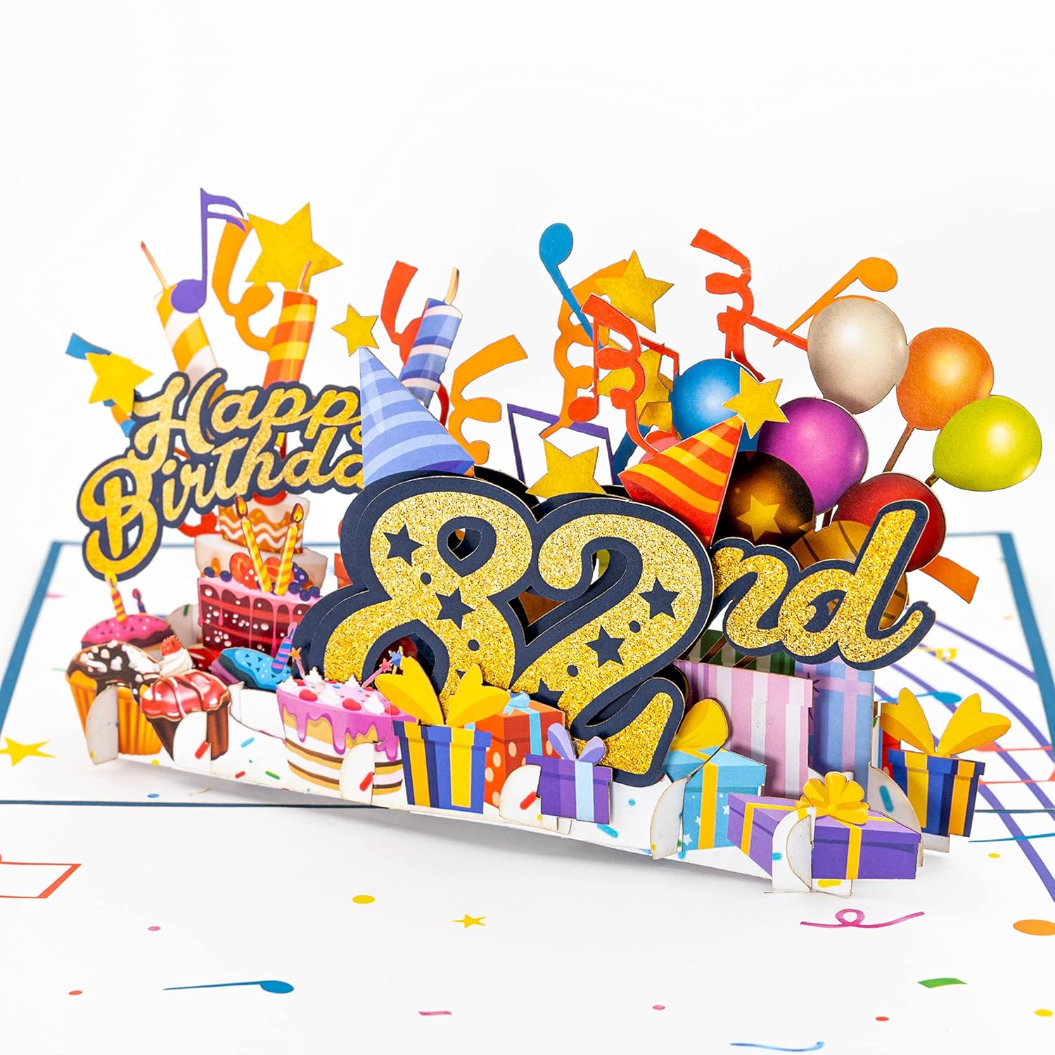 3D Pop Up Happy 82Nd Birthday Card – Blue Design With Glitter Numbers, Balloons, Cakes & Gifts – Unique Bday Card For Dad, Mom, Husband, Wife, Man Or Woman – 5" X 7"