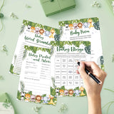 Safari Animals Baby Shower Games Card Set, Includes Baby Word Scramble, Baby Trivia, Baby Predictions And Advice, Baby Shower Bingo, Baby Shower Gender Reveal Party Decoration Favors, Set Of 50 -01