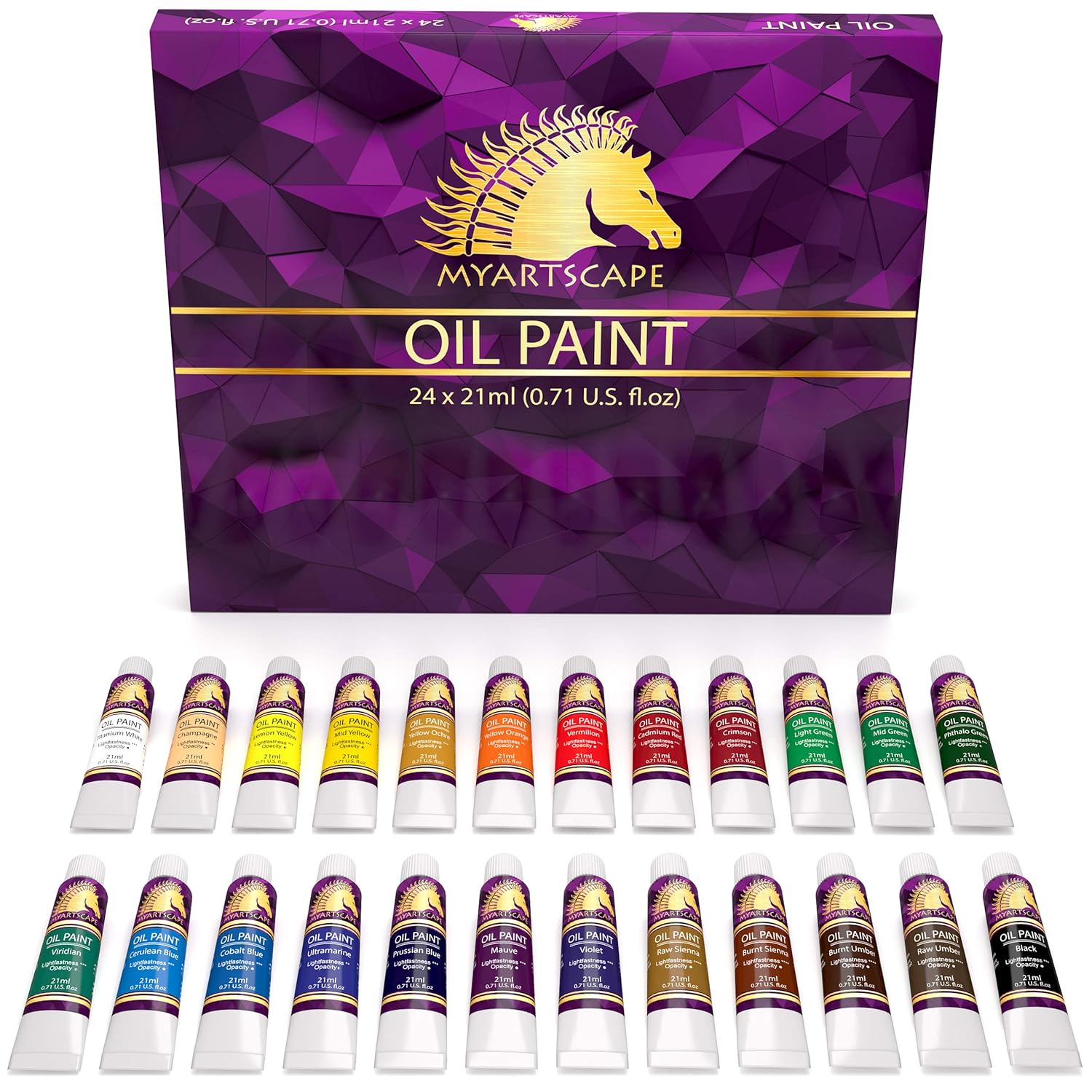 Oil Paint Set - 24 X 21Ml Tubes - Artist Quality - Rich Vivid Oil-Based Colors - Lightfast - Heavy Body - Great Saturation - Glossy Finish - Professional Painting Supplies