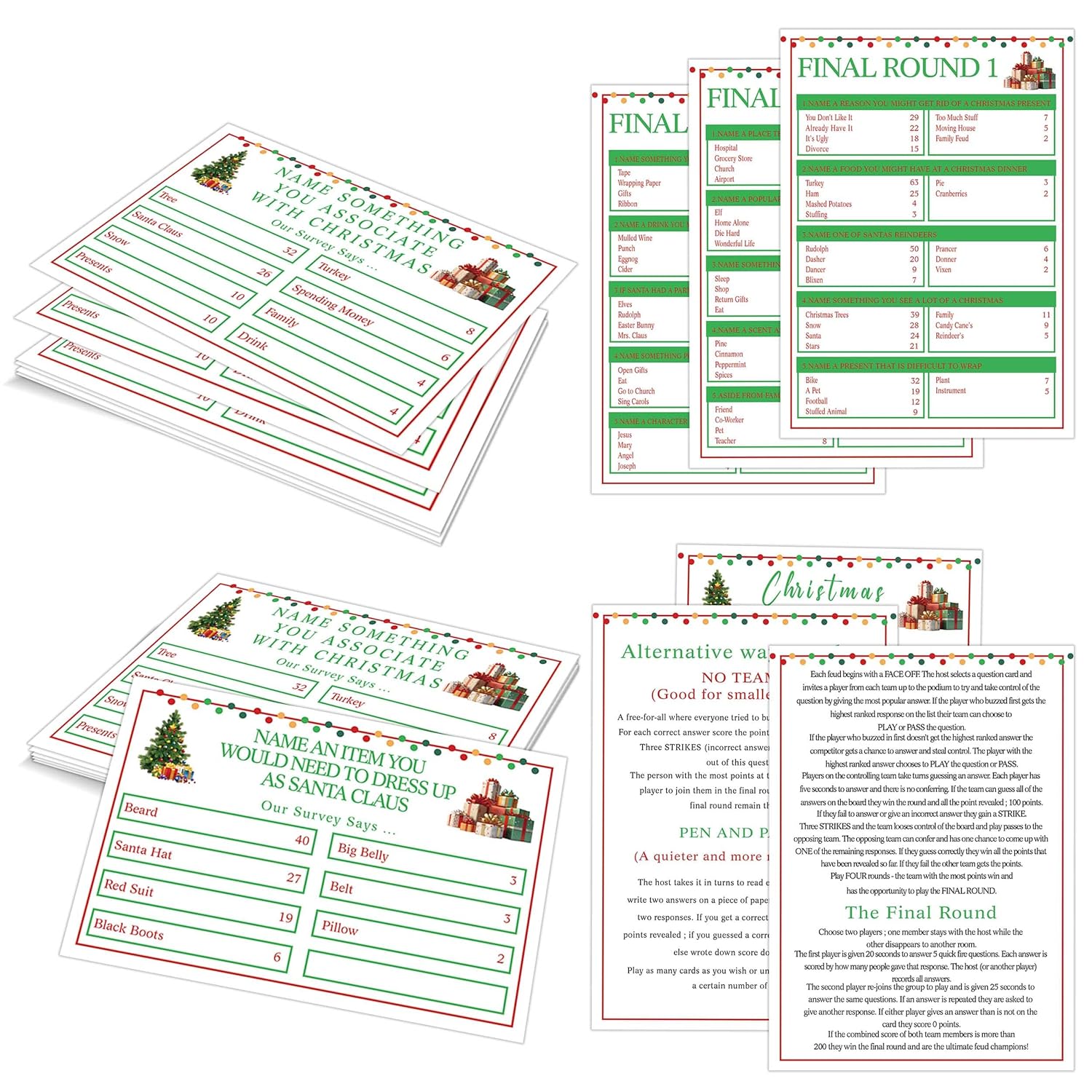 Christmas Friendly Family Feud Game, Feud Trivia Quiz, Baby Shower Game For Family Activity (12 Question Cards & 3 Final Round Cards) Christmas Games For Family Party Decorations Supplies-Sg6