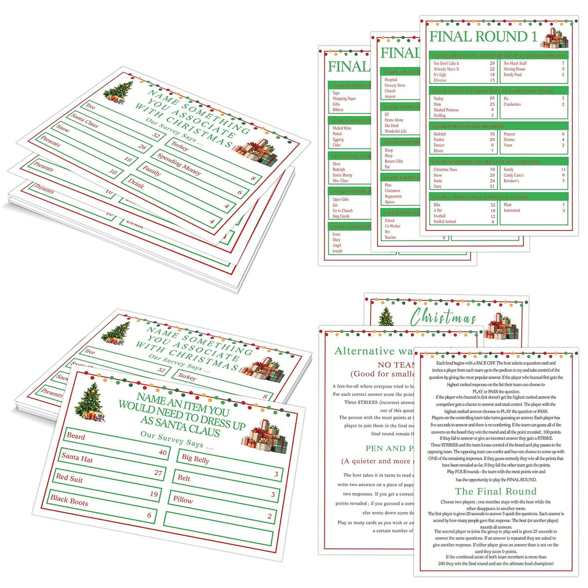 Christmas Friendly Family Feud Game, Feud Trivia Quiz, Baby Shower Game For Family Activity (12 Question Cards & 3 Final Round Cards) Christmas Games For Family Party Decorations Supplies-Sg6