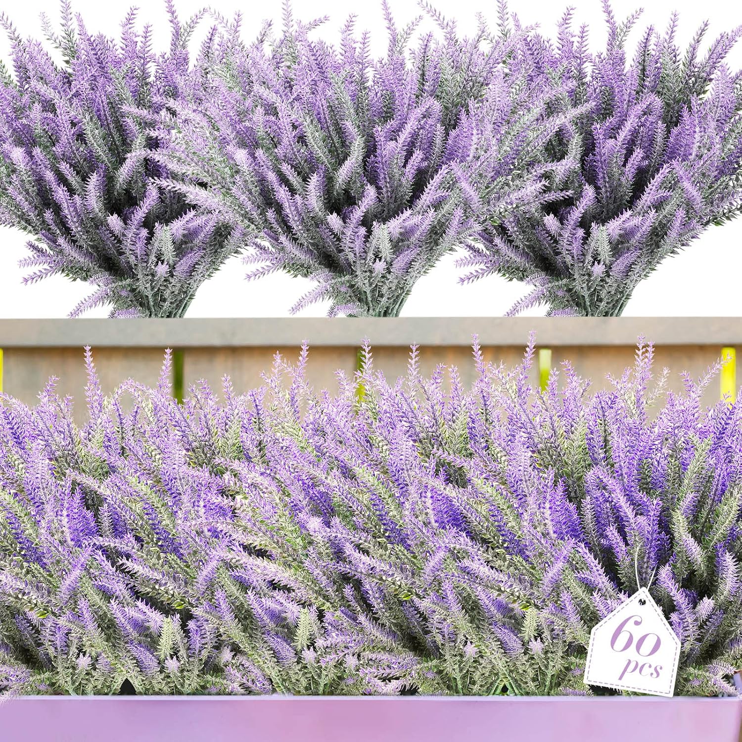 60 Bundles Artificial Lavender Flowers Uv Resistant Faux Plastic Flowers Faux Lavender Plants For Outdoor Garden Patio Window Box Office Table Centerpiece Indoor Decoration (Purple)