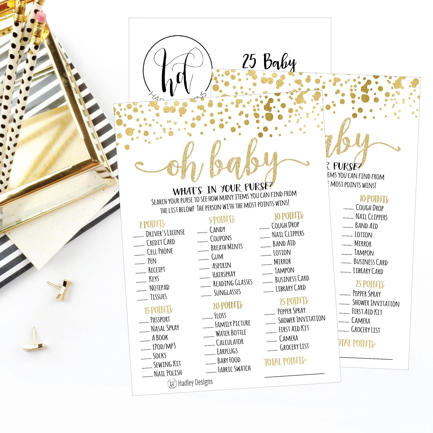 Baby Shower Games For 25 Guests - Gold Dots Whats In Your Purse Baby Shower Game, Babyshower Games Boy Girl Gender Neutral, What'S In Your Purse Gender Reveal Game, Made In Usa