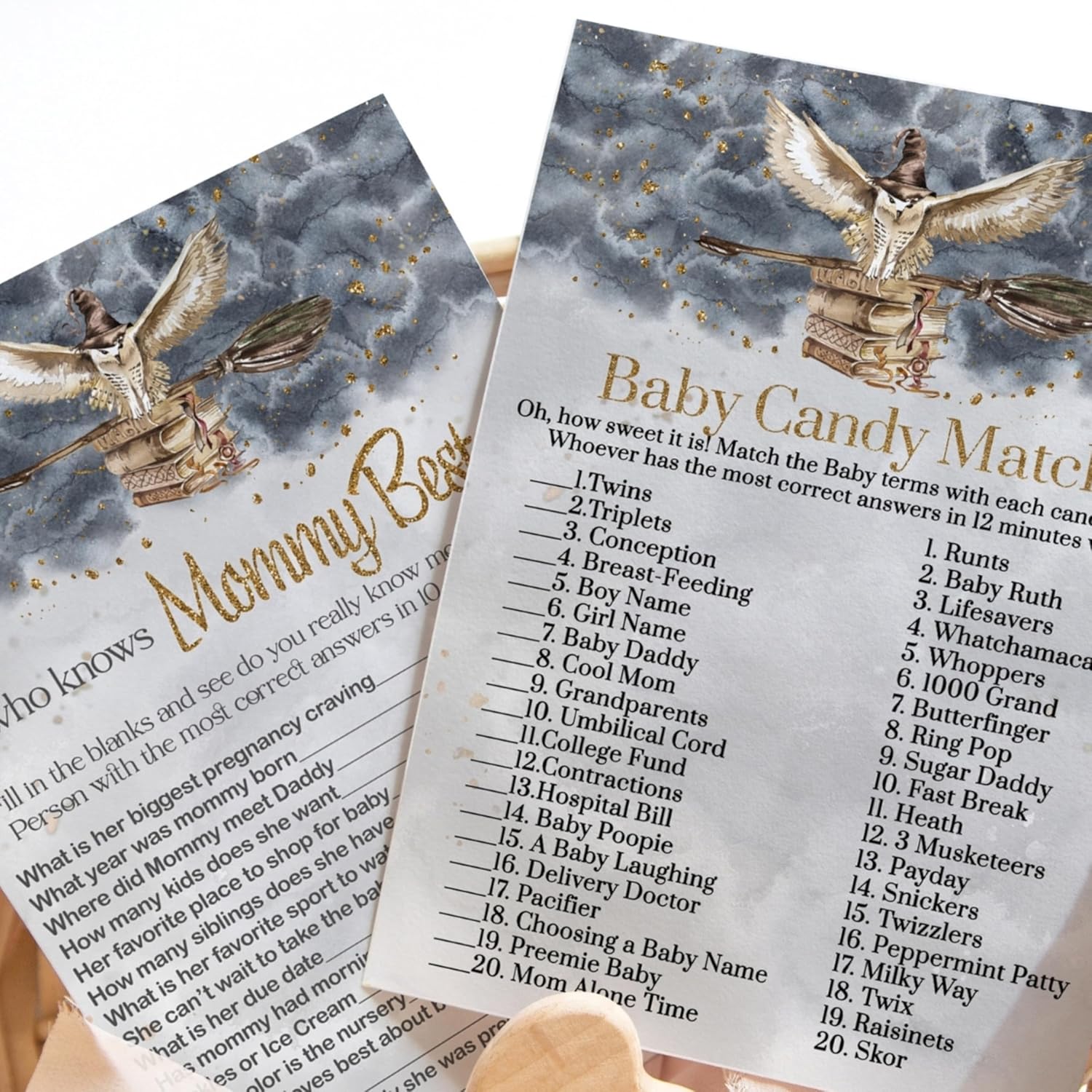 Magic Owl Baby Shower Games - 25 Who Knows Mommy Best & 25 Candy Matching Activities - Black And Gold Owl Theme Double-Sided 5X7 Cards, Bundle Pack, Wizard Or Witch Halloween