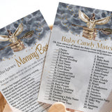 Magic Owl Baby Shower Games - 25 Who Knows Mommy Best & 25 Candy Matching Activities - Black And Gold Owl Theme Double-Sided 5X7 Cards, Bundle Pack, Wizard Or Witch Halloween