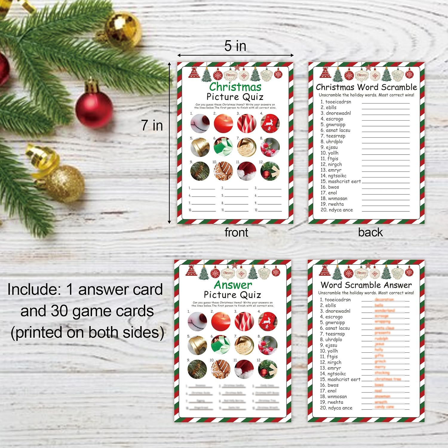 Christmas Trivia Party Game Cards, Christmas Games For Families, Xmas Picture Quiz And Xmas Word Scramble, Include 30 Double-Sided Game Cards, Christmas Party Supplies(Sdjtyx03)