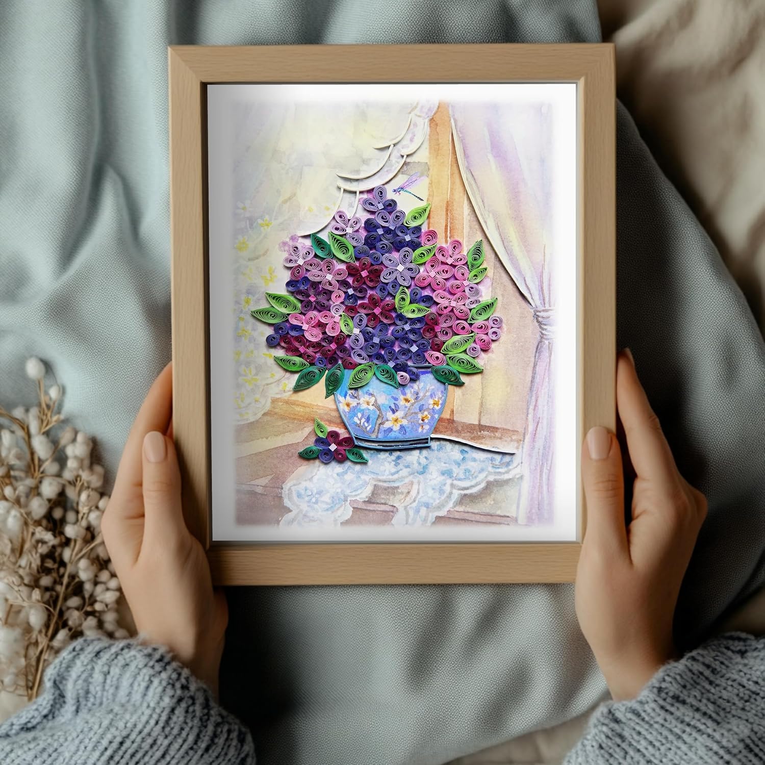 Garden Lilacs In Blue Vase Card, Quilling Cards For All Occasions, Birthday, Mothers Day, Anniversary, Watercolor Classy Card For Women, Mom