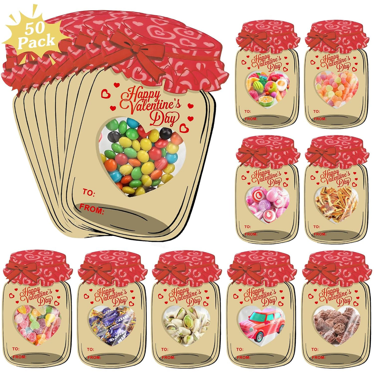 50 Pack Valentines Cards For Kids - 50 Pack Mason Jar - Fun Exchange Cards For Boys And Girls, Classroom Party Favors, Toddler School Gifts (Candy Not Included)