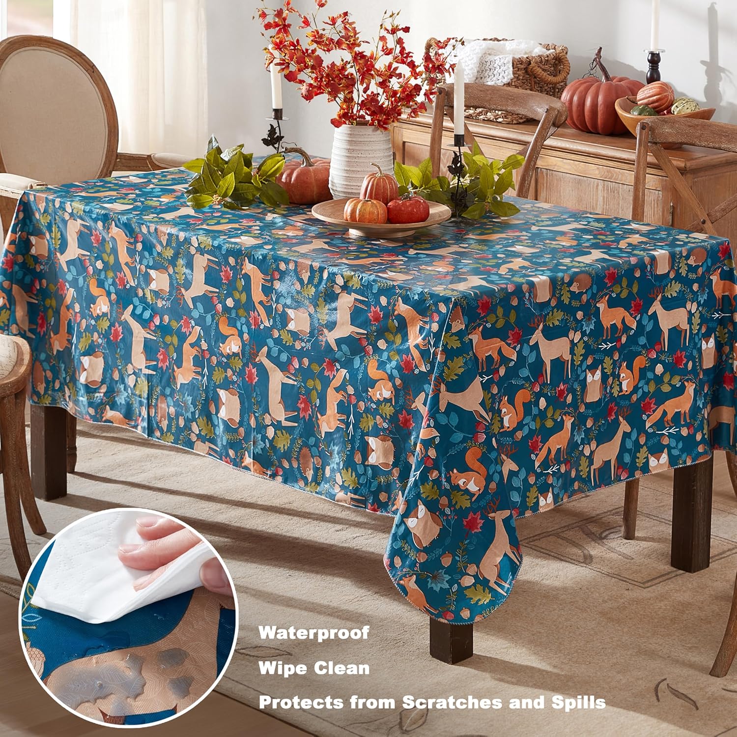 Christmas Woodland Critters 60 X 84 Inch Rectangle Vinyl Tablecloth With Flannel Backing, Squirrels Deer And Owl Winter Wreath Easy Care Holiday Table Cover For Christmas Parties