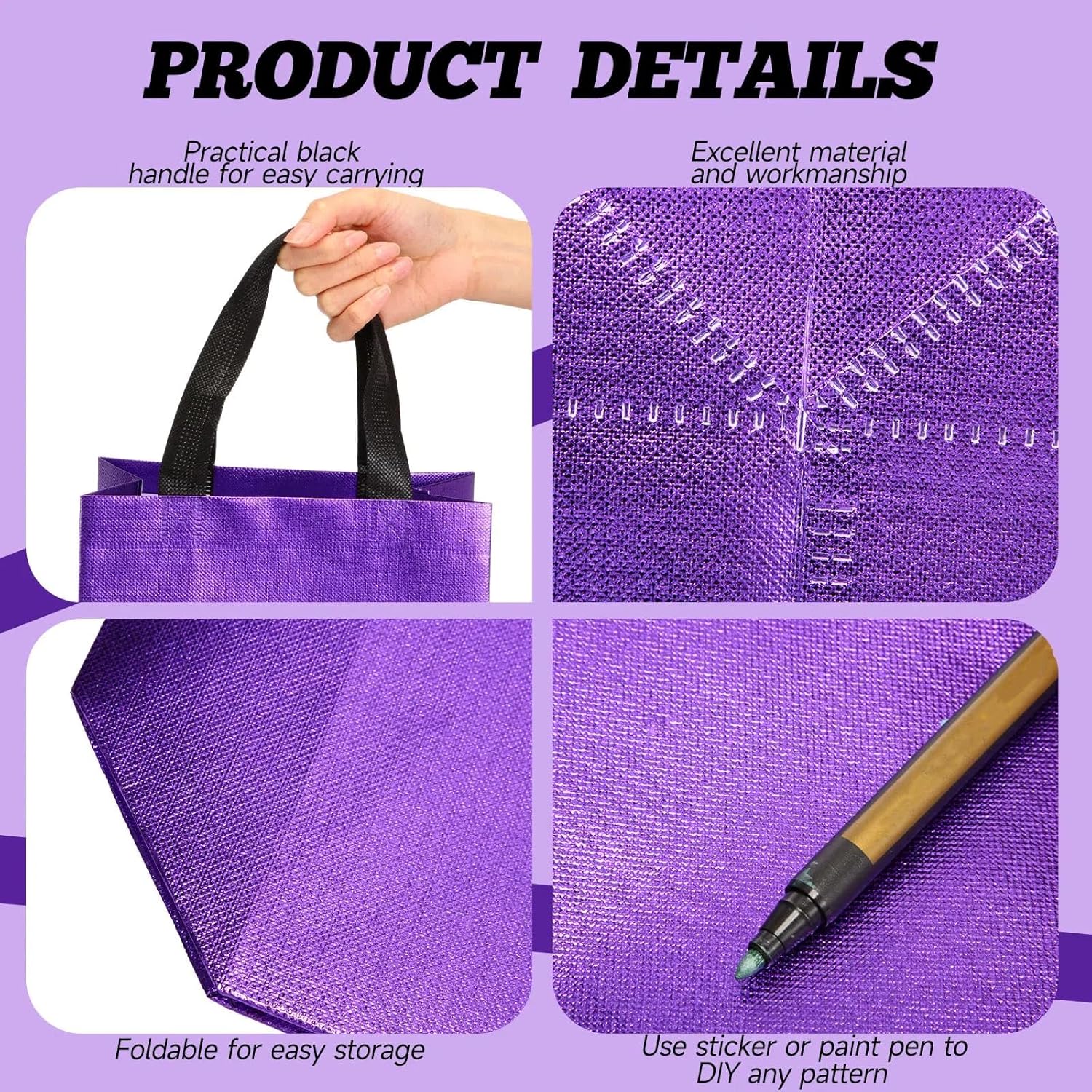 80 Pieces Gift Bags Set Glossy Reusable Tote With Handles Grocery Bags For Wedding, Halloween, Thanksgiving, Christmas(Medium,Purple With Black Handles)