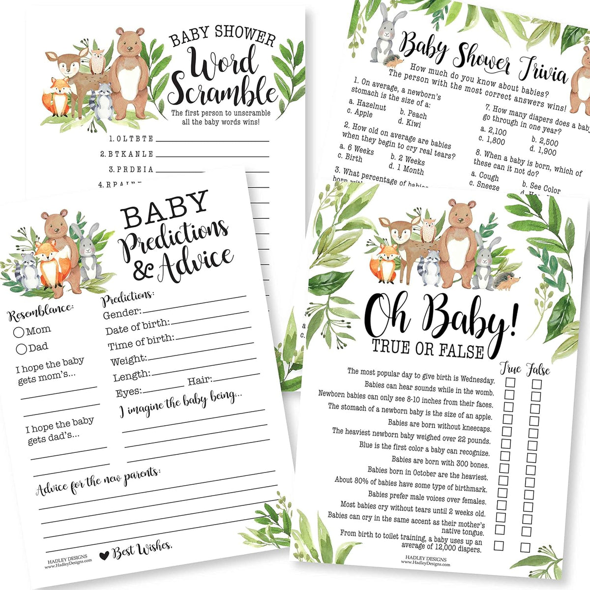 Baby Shower Games For 25 Guests - Woodland Baby Predictions & Advice Cards For New Parents, Trivia, Word Scramble, True Or False Babyshower Games Boy Girl Gender Neutral, Made In Usa
