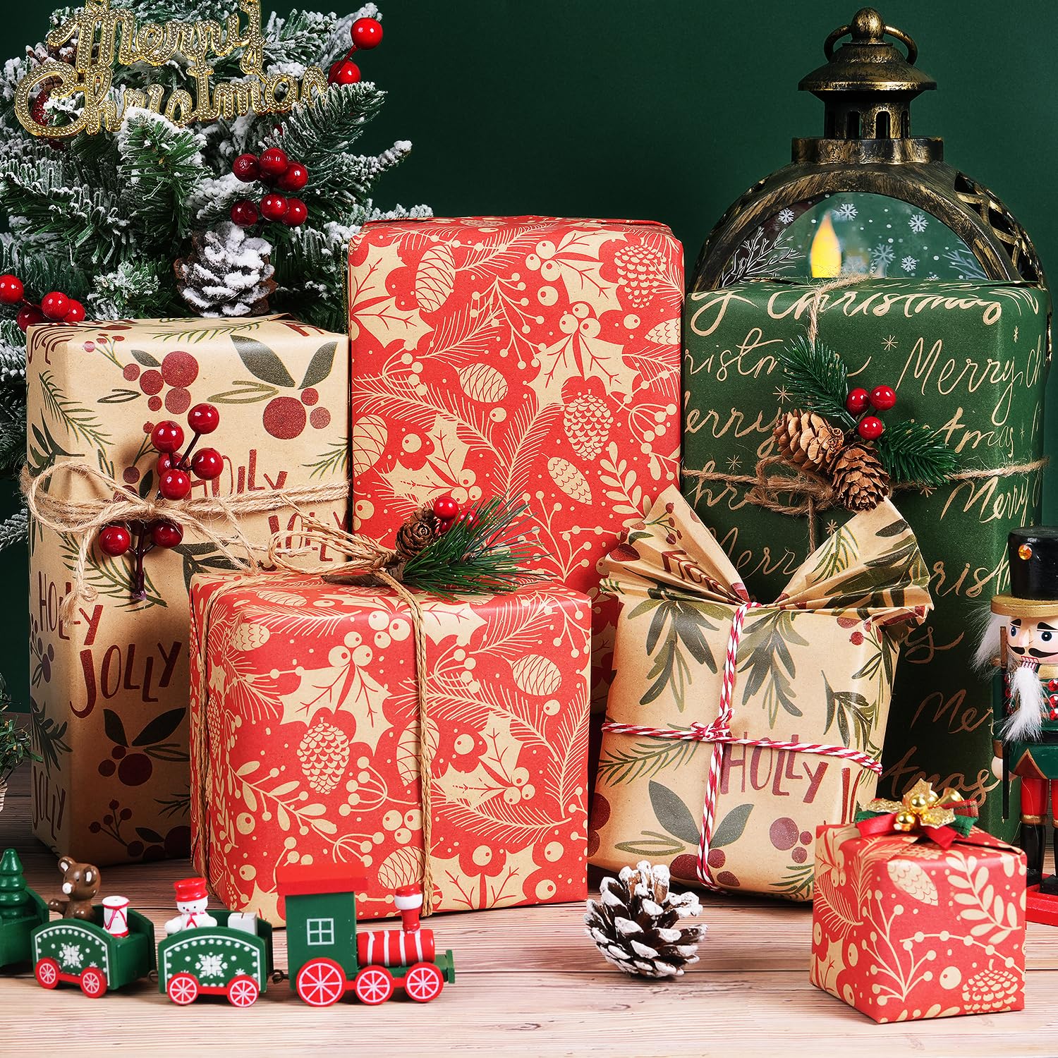 Christmas Wrapping Paper Rolls, Red And Green Kraft Gift Wrapping Paper, Holly Berries Pinecones Green Leaves And Merry Christmas Lettering Gift Wrap Paper For Xmas Holiday, 3 Mini Rolls 17 X 118 Inch