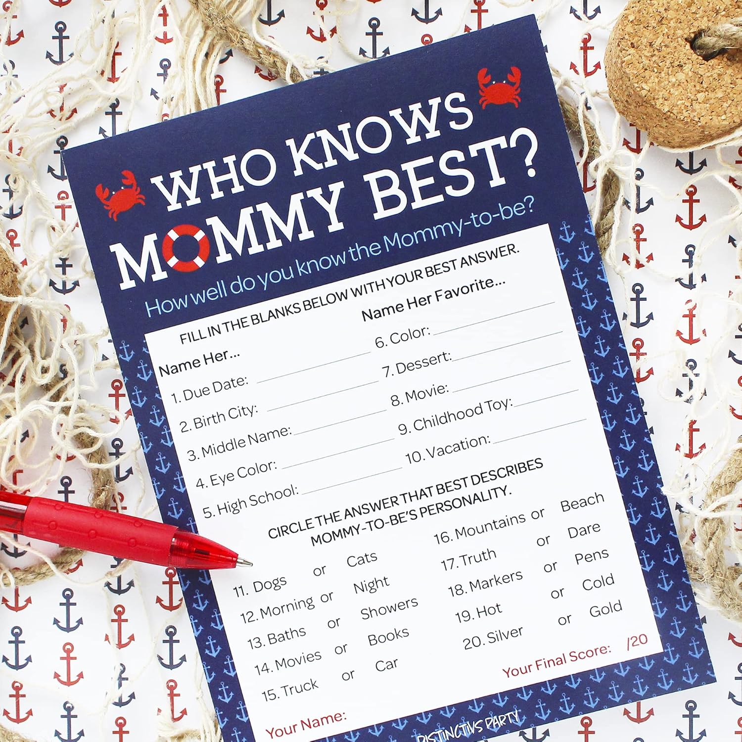 Ahoy Its A Boy Baby Shower Game, Nautical Who Knows Mommy Best Party Activity - 20 Game Cards