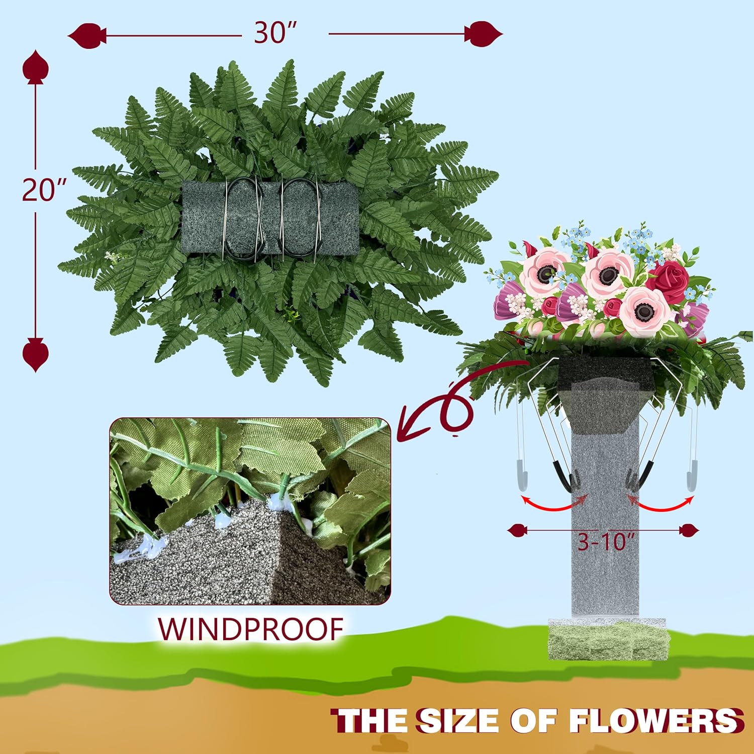 Artificial Cemetery Flowers For Grave Vase - Headstone Flower Saddle - Sympathy Flower Of Vibrant Rose Sunflower Daisy Berry, Colorfast And Easy Fit