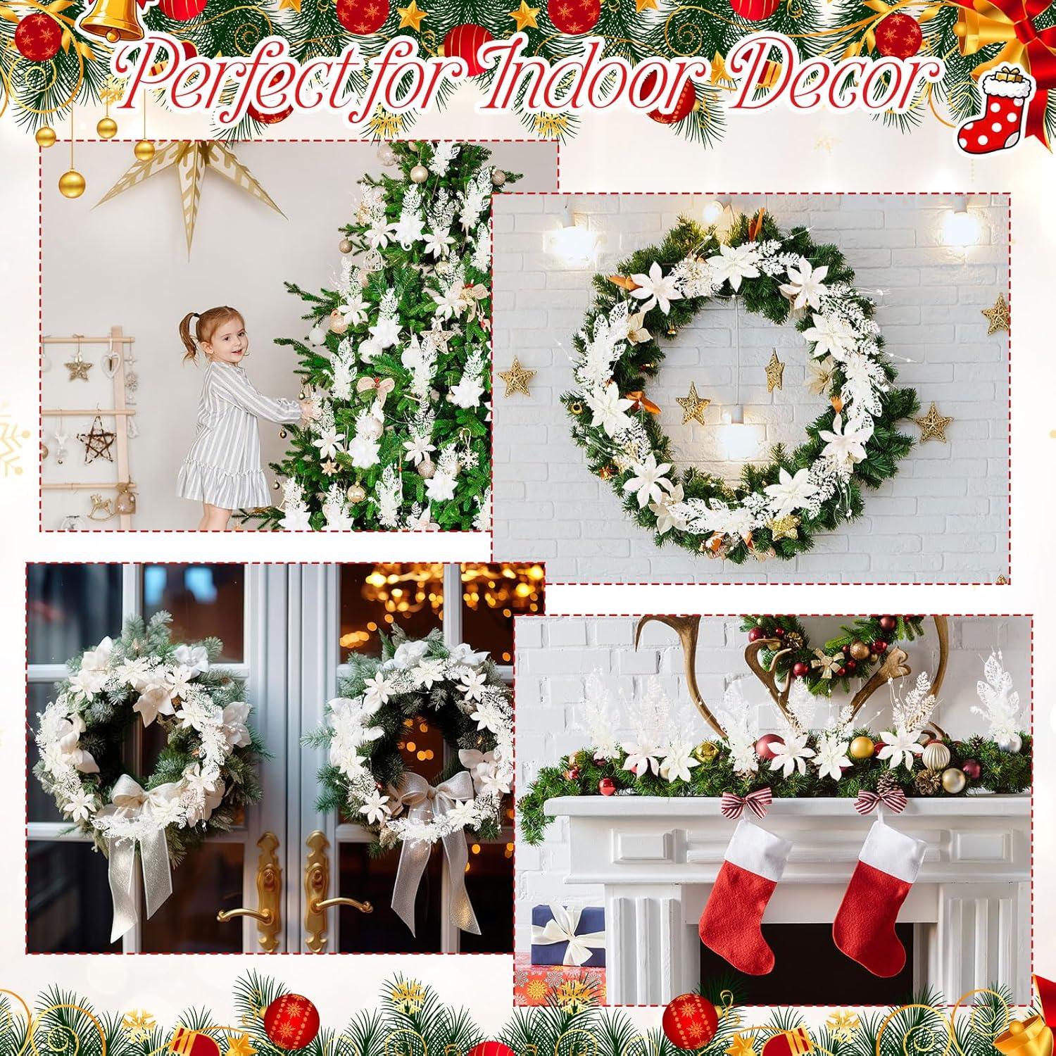 18 Pack 3 Styles 17 Inch Christmas Glitter Poinsettia Berry Stems Ornaments Artificial Floral Branches Picks For Christmas Tree Home Vase Holiday Party Decor(White)