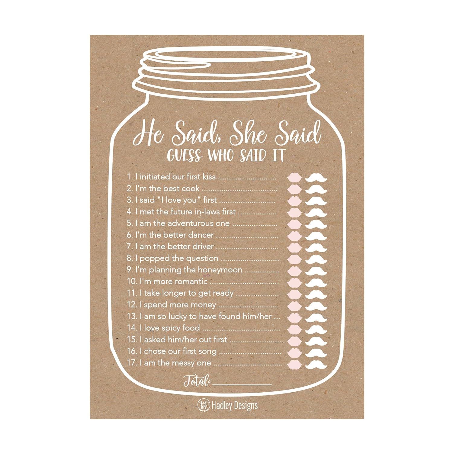 25 Rustic Wedding Bridal Shower Engagement Bachelorette Anniversary Party Game Ideas, He Said She Said Cards Funny Co Ed Trivia Rehearsal Dinner Guessing Question Fun Supplies Kit