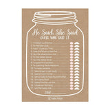 25 Rustic Wedding Bridal Shower Engagement Bachelorette Anniversary Party Game Ideas, He Said She Said Cards Funny Co Ed Trivia Rehearsal Dinner Guessing Question Fun Supplies Kit