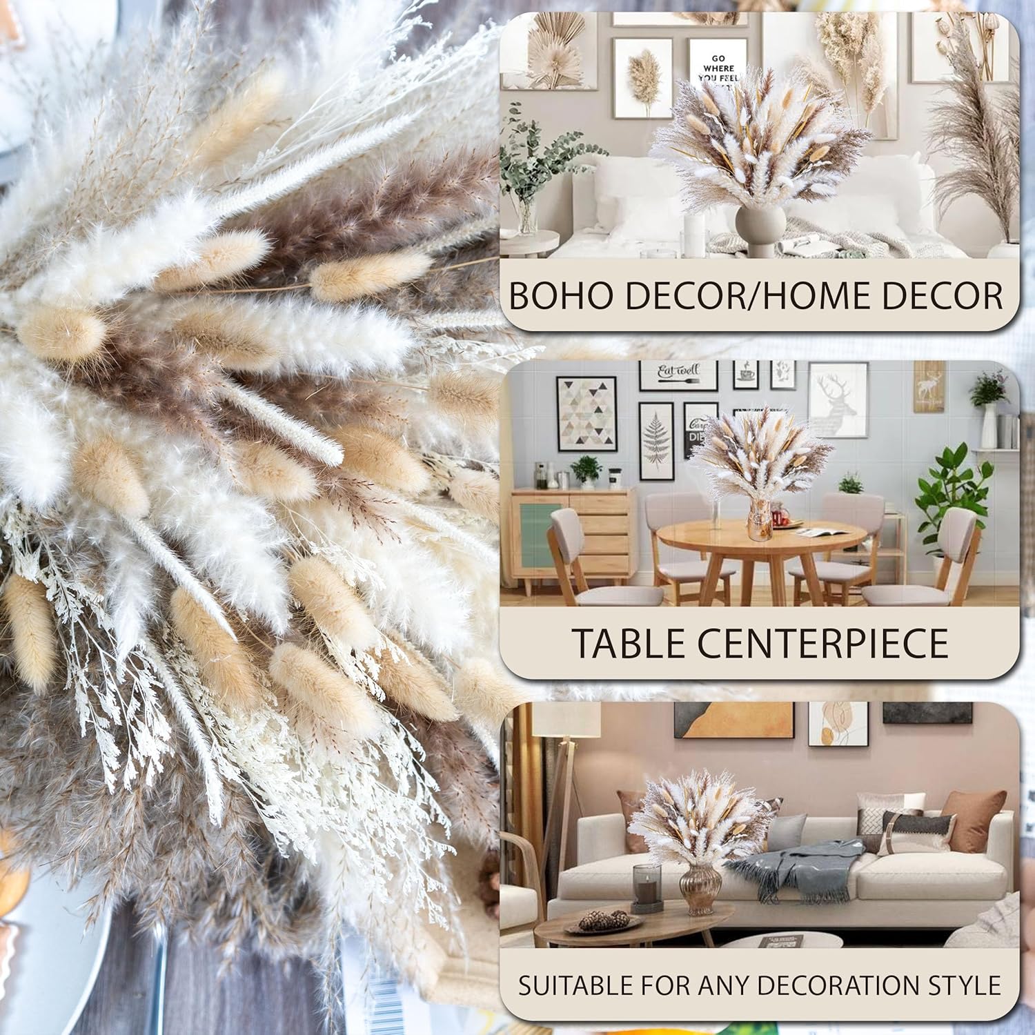 300Pcs Natural Pampas Grass Decor Bouquet | Boho Dried Floral Arrangement Centerpiece Table Decor Wedding Decor Rustic Decor (300Pcs)