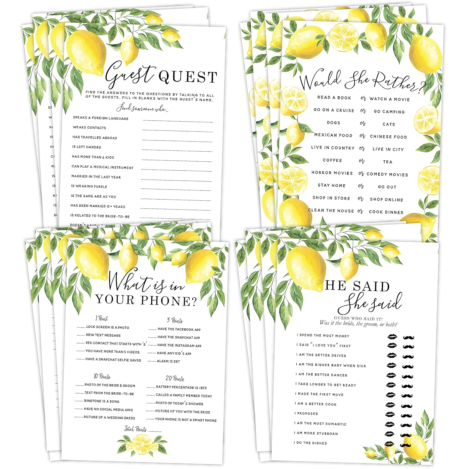 Lemon Bridal Shower Bachelorette Games - Floral He Said She Said, Find The Guest, Would She Rather, What'S In Your Phone - 25 Games Each, 1 Game Per Side
