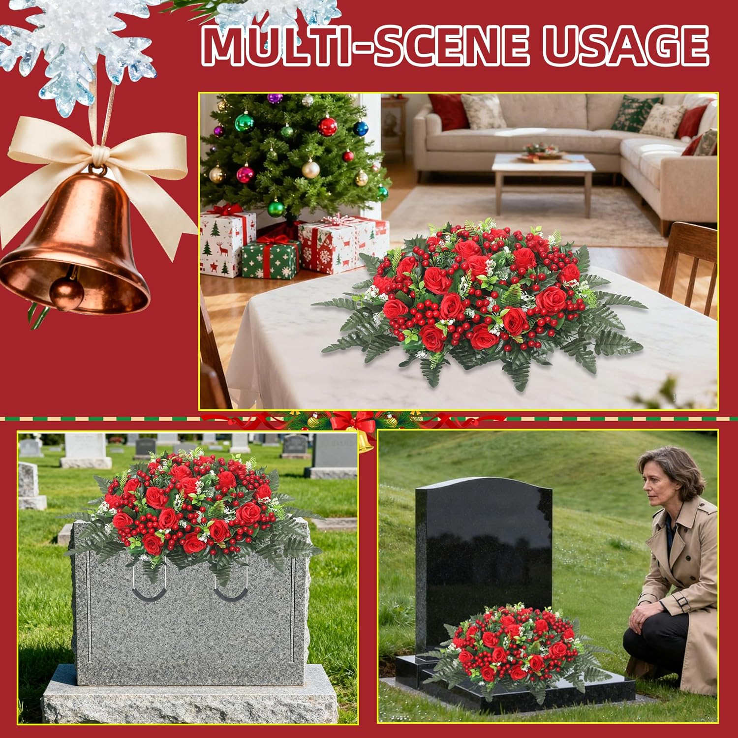 Christmas Artificial Cemetery Flowers,Artificial Cemetery Flowers Saddle For Outdoor Gravesite Tombstone Decorations,Roses And Artificial Red Berries Stems Ornaments