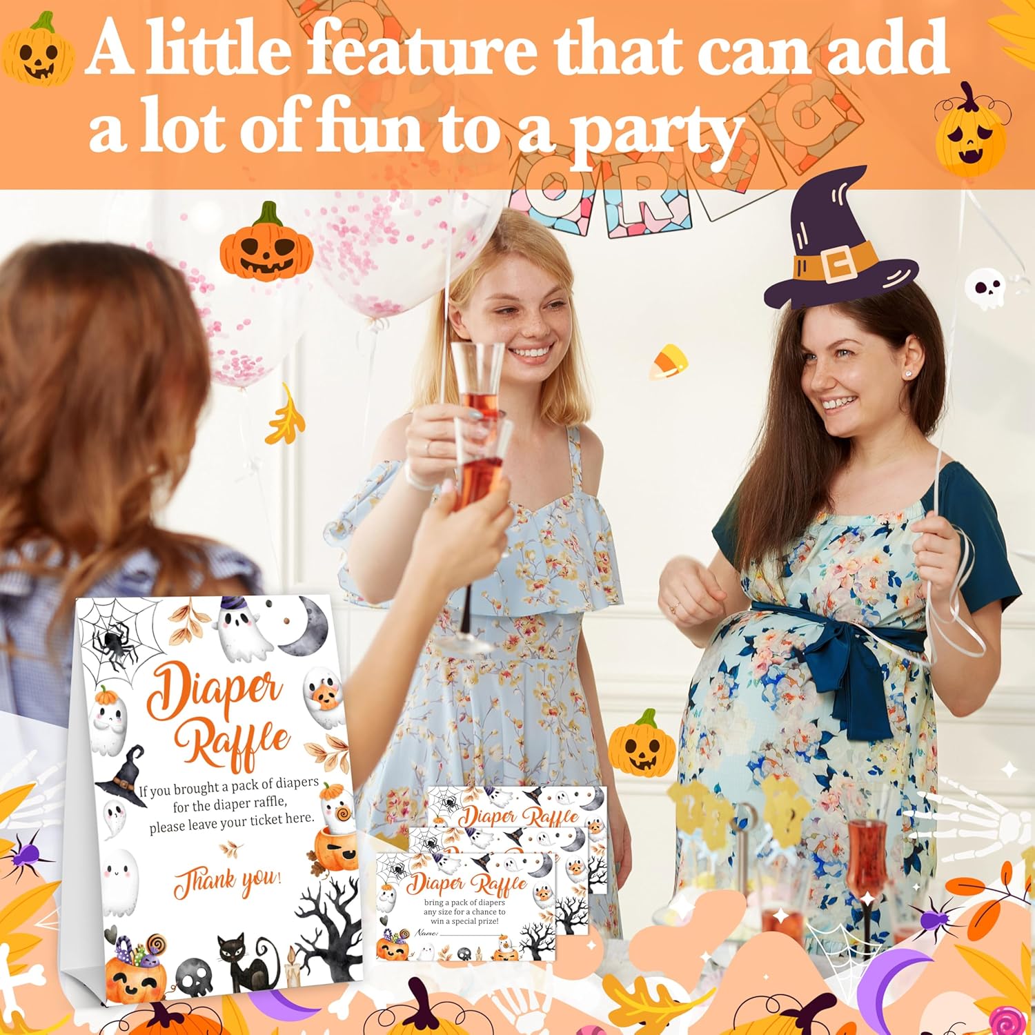 Halloween Baby Shower Games, 50 Diaper Raffle Tickets + 1 Self-Standing Sign For Little Ghost Gender Reveal Baby Announcement Party Favor Supplies - D10