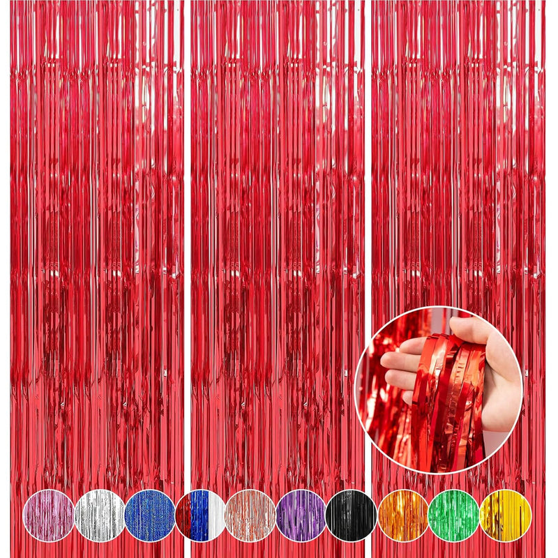 Red Party Streamers Backdrop - 3-Pack, 8X3.2 Feet Red Foil Tinsel Curt