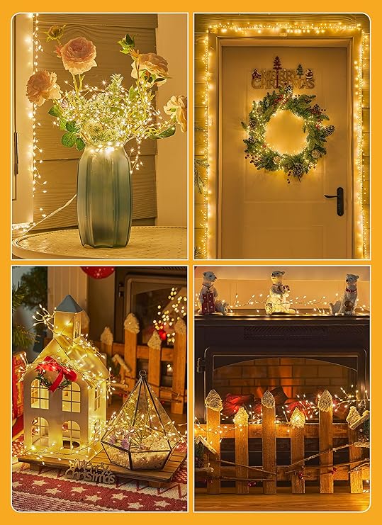 10FT 388 LED Flowing Fairy Lights Plug In Warm White Cluster Firecracker String Lights with 14 Modes Waterproof Christmas Tree Bedroom Garland Decor
