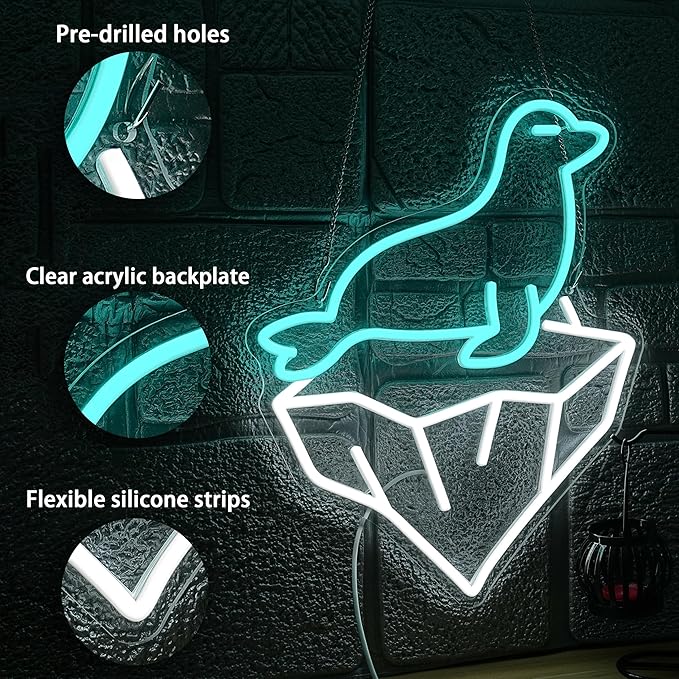 Seal Neon Sign Dimmable Ice Mountain LED Wall Light for Kids Bedroom Nursery Marine Decor