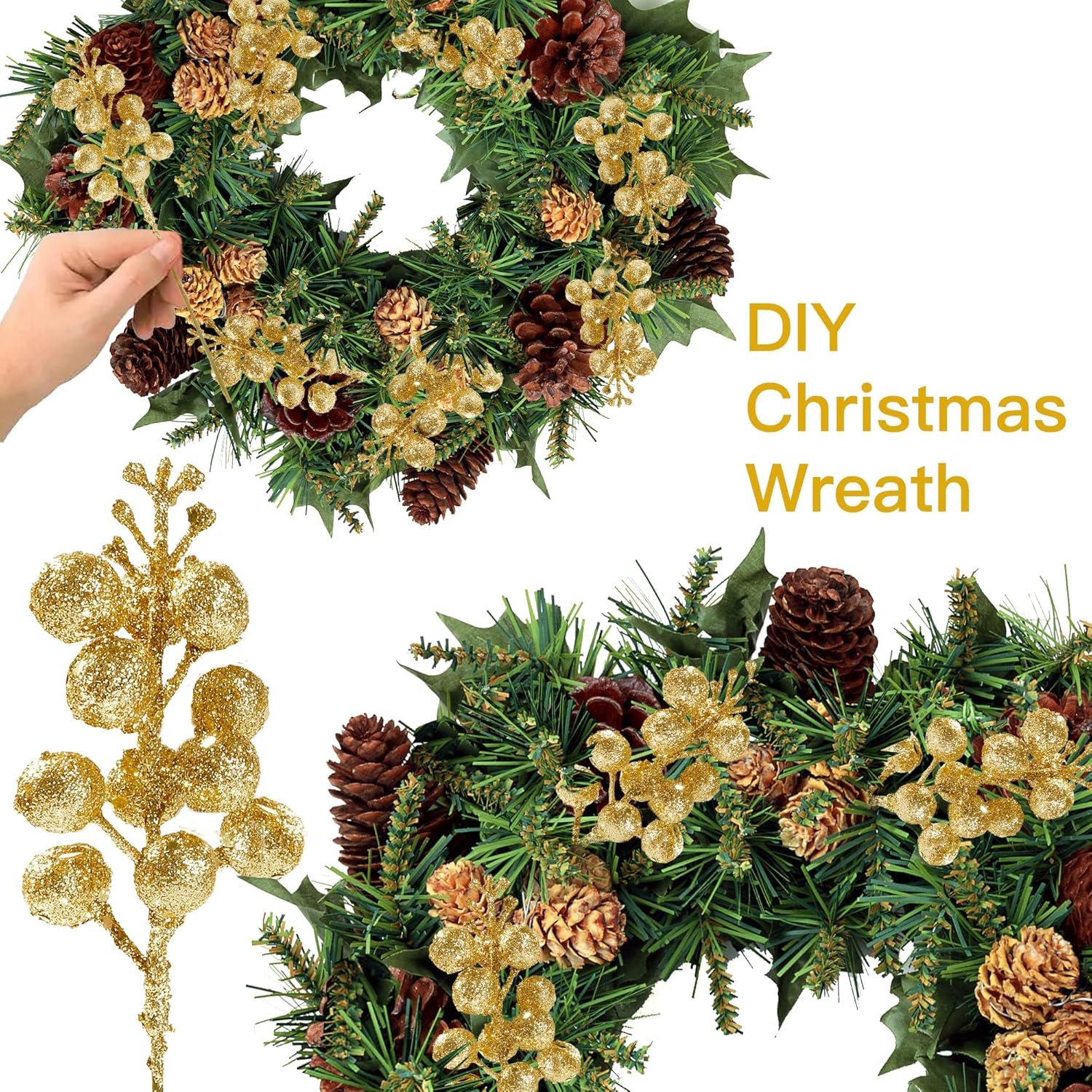 30Pcs Christmas Glitter Berries Stems Artificial Red Berry Branches Holly Picks Stems Christmas Tree Ornaments For Diy Xmas Wreath Crafts Gifts Holiday Home Decor (Gold)