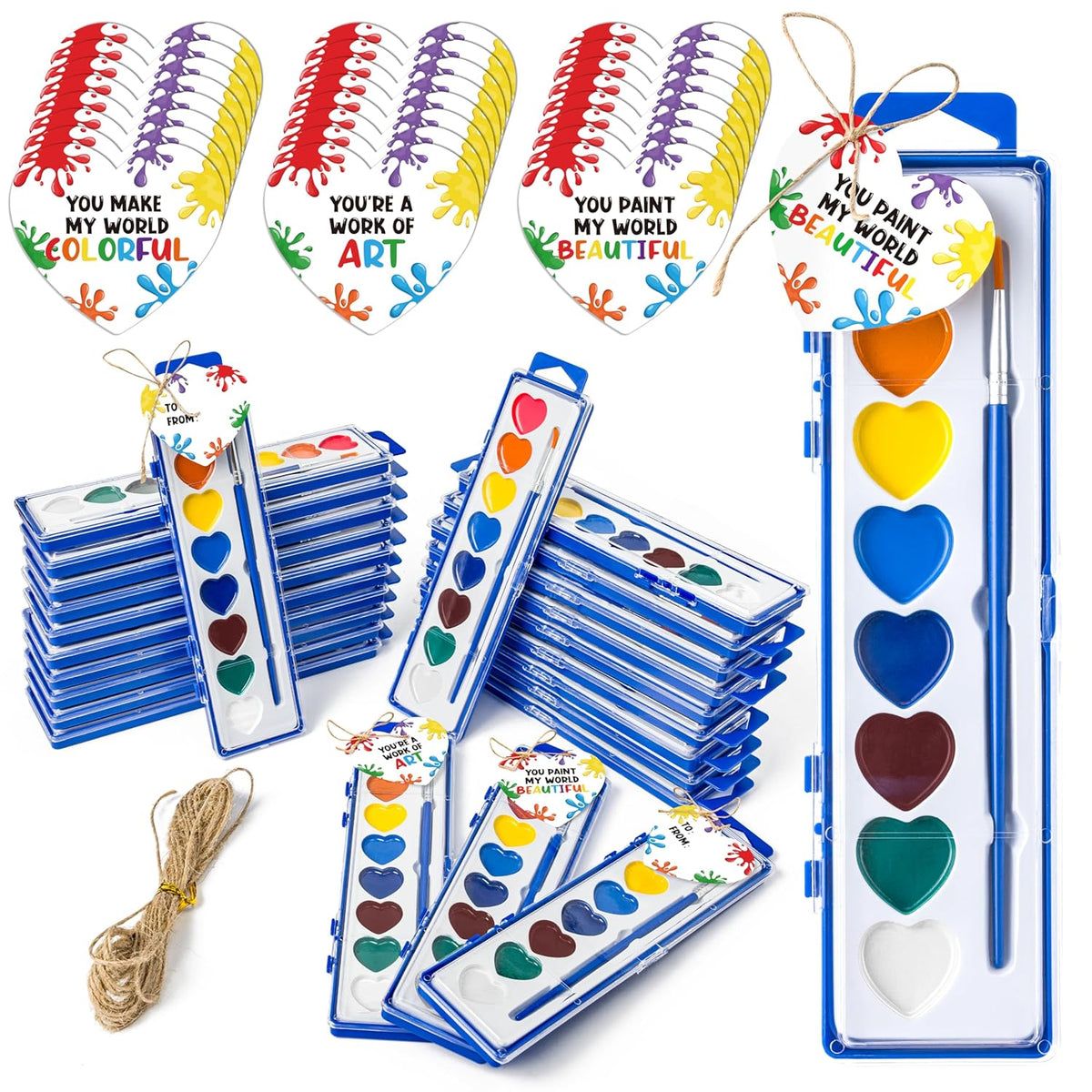 Watercolor Kids Card Set, Valentine’S Day 24 Pack Bulk Washable Paint Set, 8 Color Watercolor Paint With Brush, Back To School Classroom Supplies Party Favors