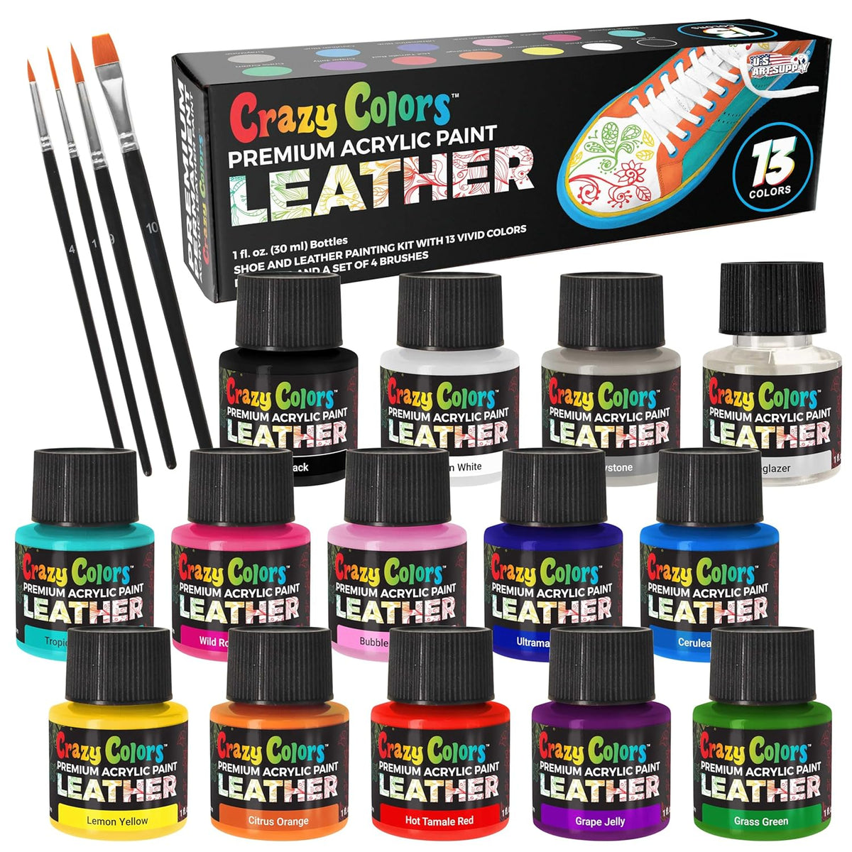 Premium Acrylic Shoe & Leather Paint Kit 13-Color With 4 Brushes (1 Oz Bottles) - Acrylic Leather Paint For Shoes, Sneakers, Jackets, Bags, Purses, Furniture