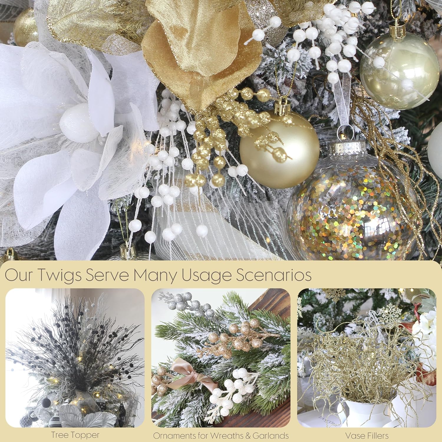 24-Pack Artificial Glitter Berry Stem Ornaments, Decorative Bead Sticks, Glittery Twigs, Picks, Branches For Christmas Tree, Small Vase, Holiday, Wedding, Party (17 Inches, Gold)