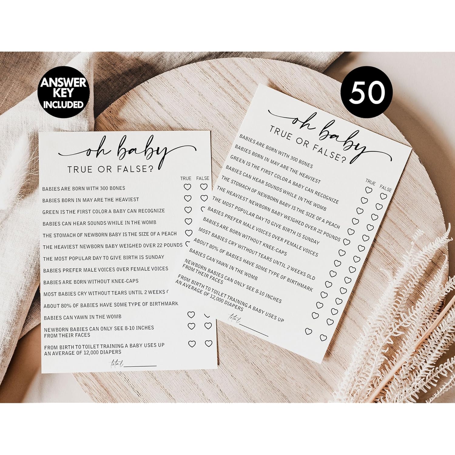 50 Baby Shower Trivia True Or False (50-Cards) Fun Baby Shower Game Activity, Gender Neutral Boy Or Girl, Minimalist