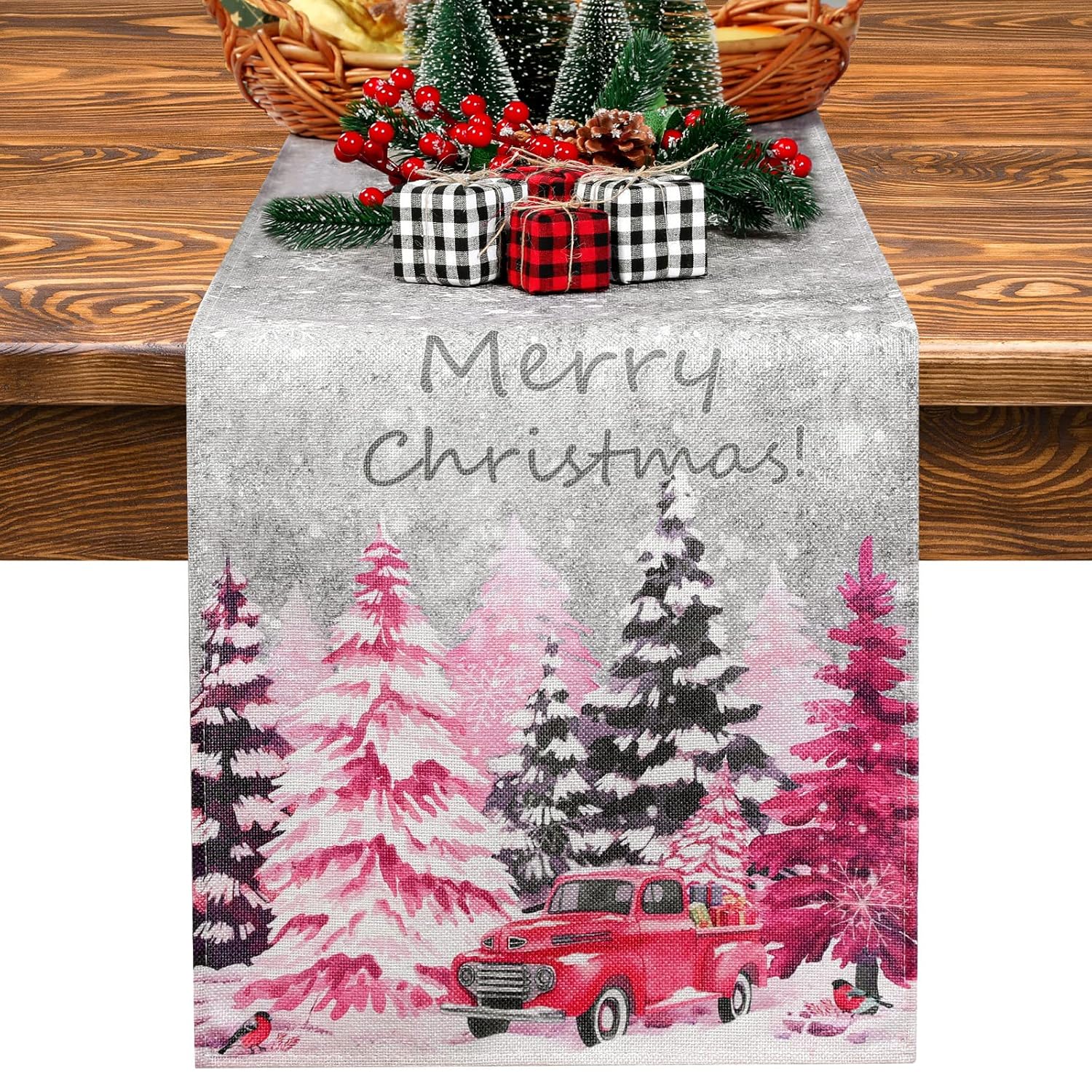 Christmas Tree Table Runner Snowflake Red Truck Table Runner Merry Xmas Farmhouse Winter Holiday Kitchen Dining Decoration For Indoor Outdoor Home Party Decor, 13 X 72 Inch, Pink