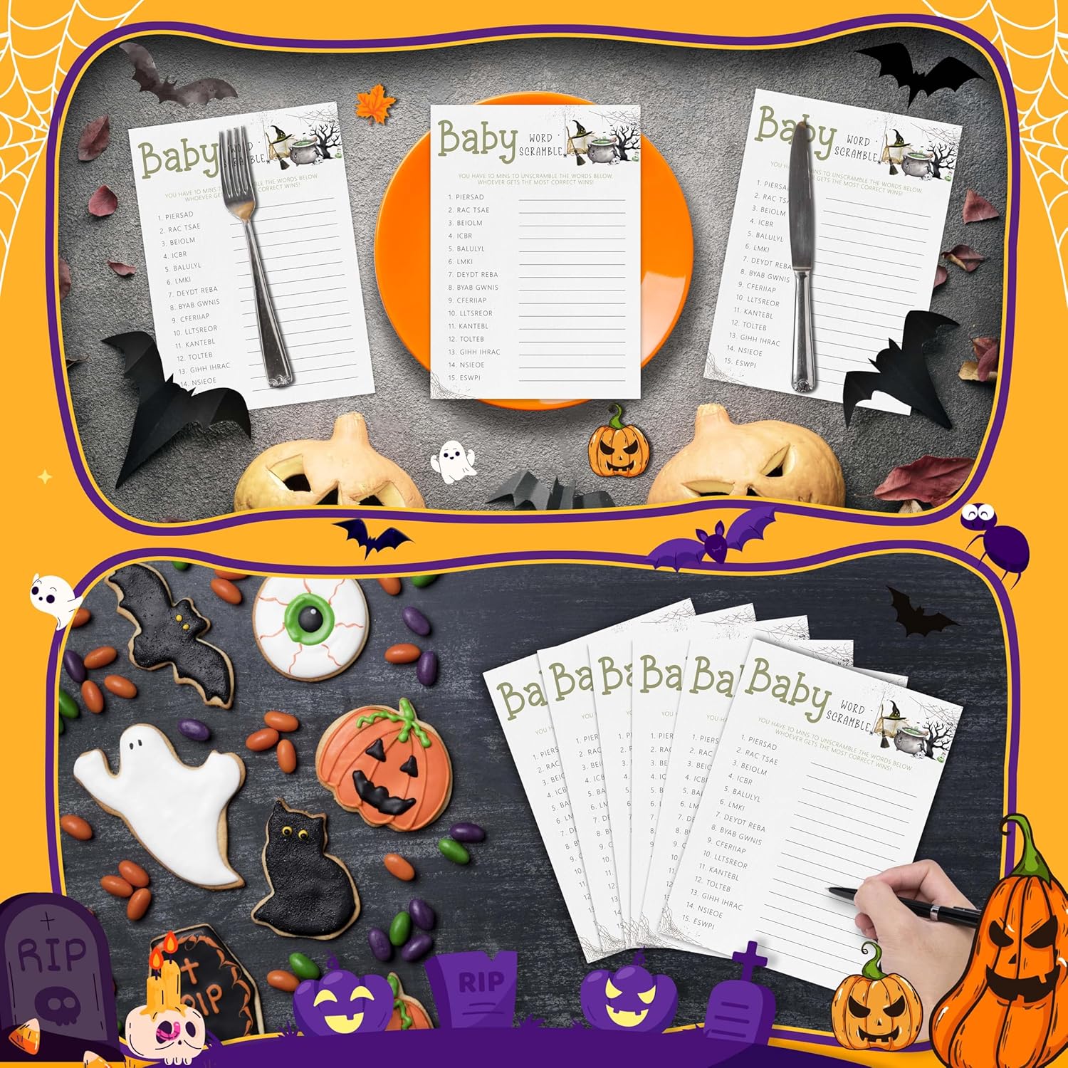 Halloween Baby Shower Games, 25 Pcs Baby Word Scramble Cards For Guests, Witch Hat Gender Reveal Decorations For Party Favors - B07