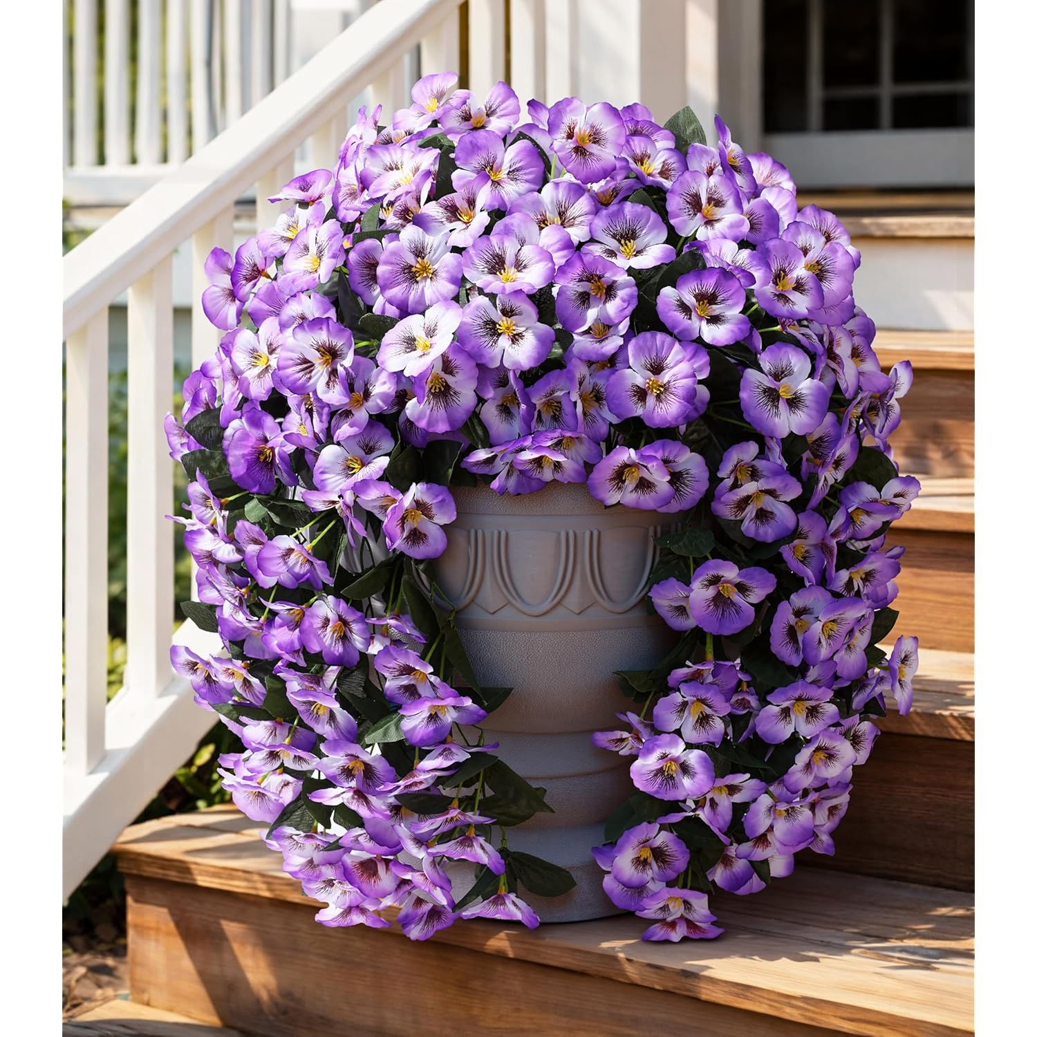 Artificial Flowers For Outdoors 2Pcs Faux Silk Pansy Vines Lush Uv Resistant Fake Hanging Flower Plants For Outside Porch Yard Patio Window Box (Light Purple)