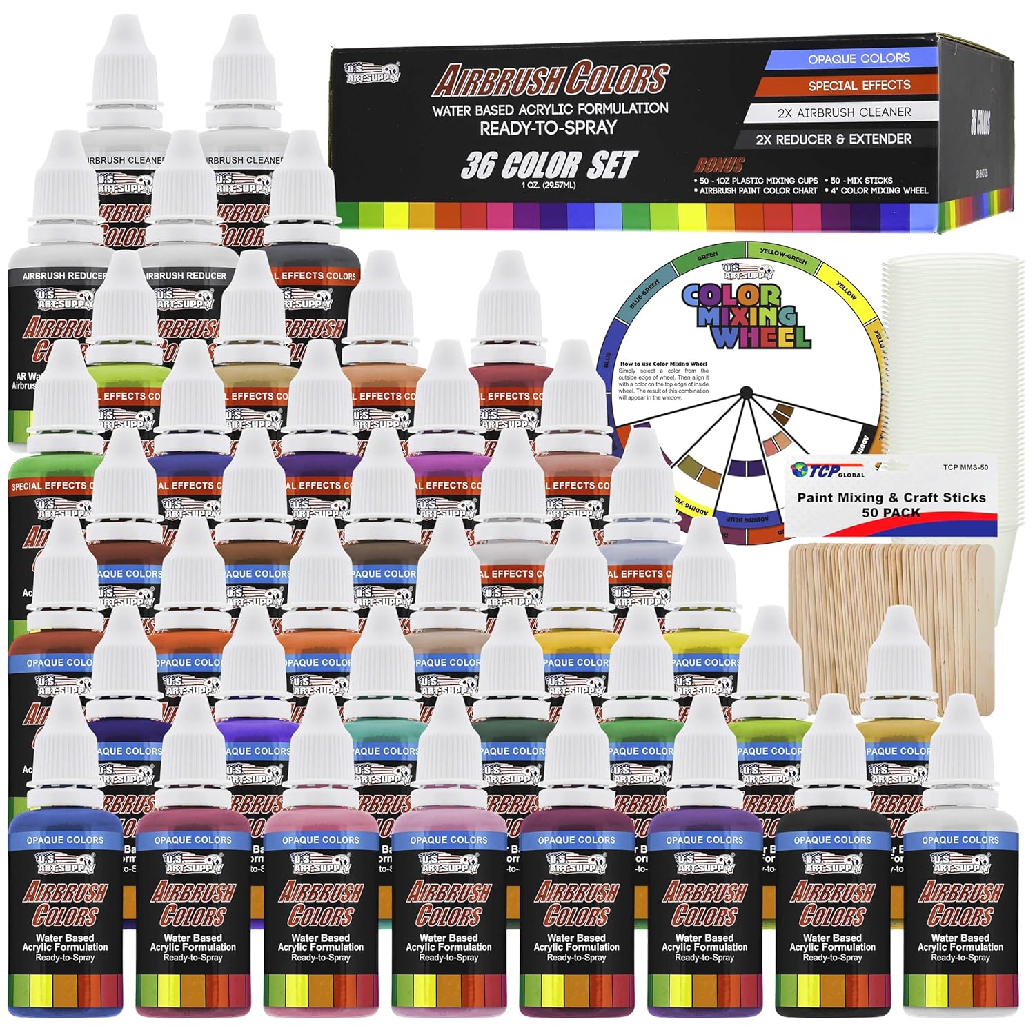 36 Color Deluxe Acrylic Airbrush, Leather & Shoe Paint Set With Cleaner, Thinner, 50-Plastic Mixing Cups, 50-Wooden Mix Sticks And Color Mixing Wheel