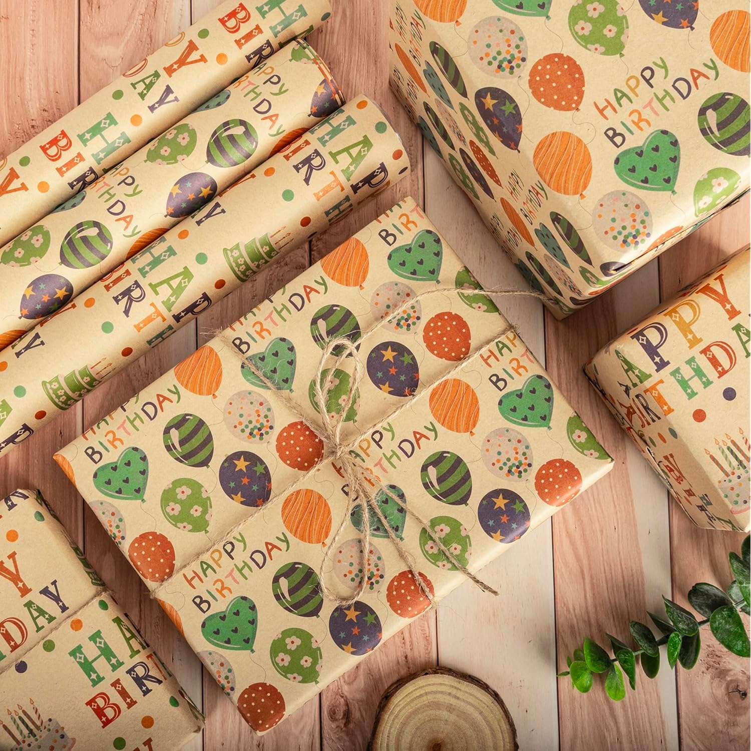 Birthday Wrapping Paper Set - Colorful Balloon & Happy Birthday Lettering Design, 6 Sheets X 17" X 40"