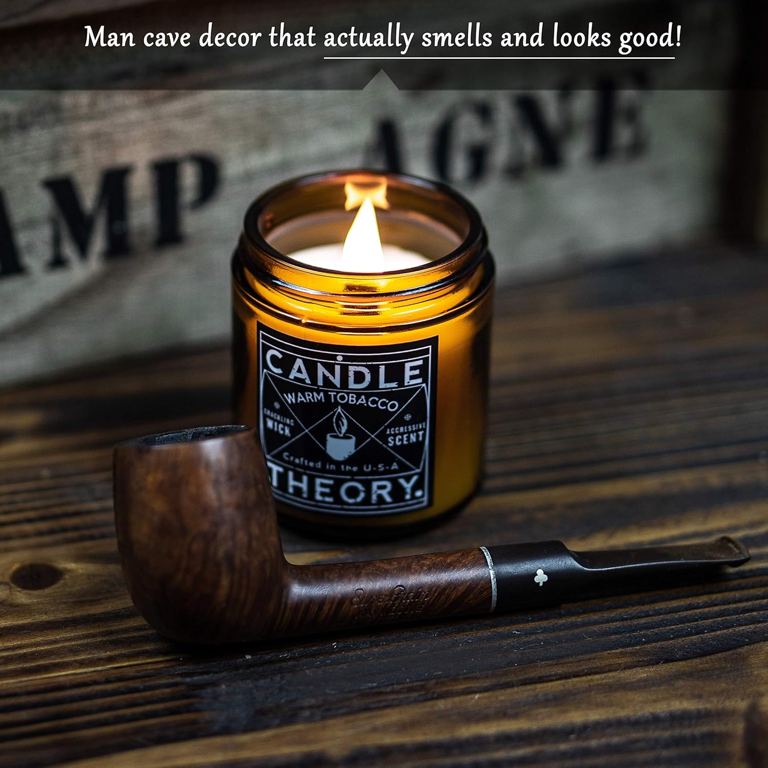 Candle Theory Man Cave Stuff Men 4Oz Candles Set Of 3, Crackling Woodwick Masculine Scent, Warm Tobacco Cigar, Smoked Suede, Fresh Shave