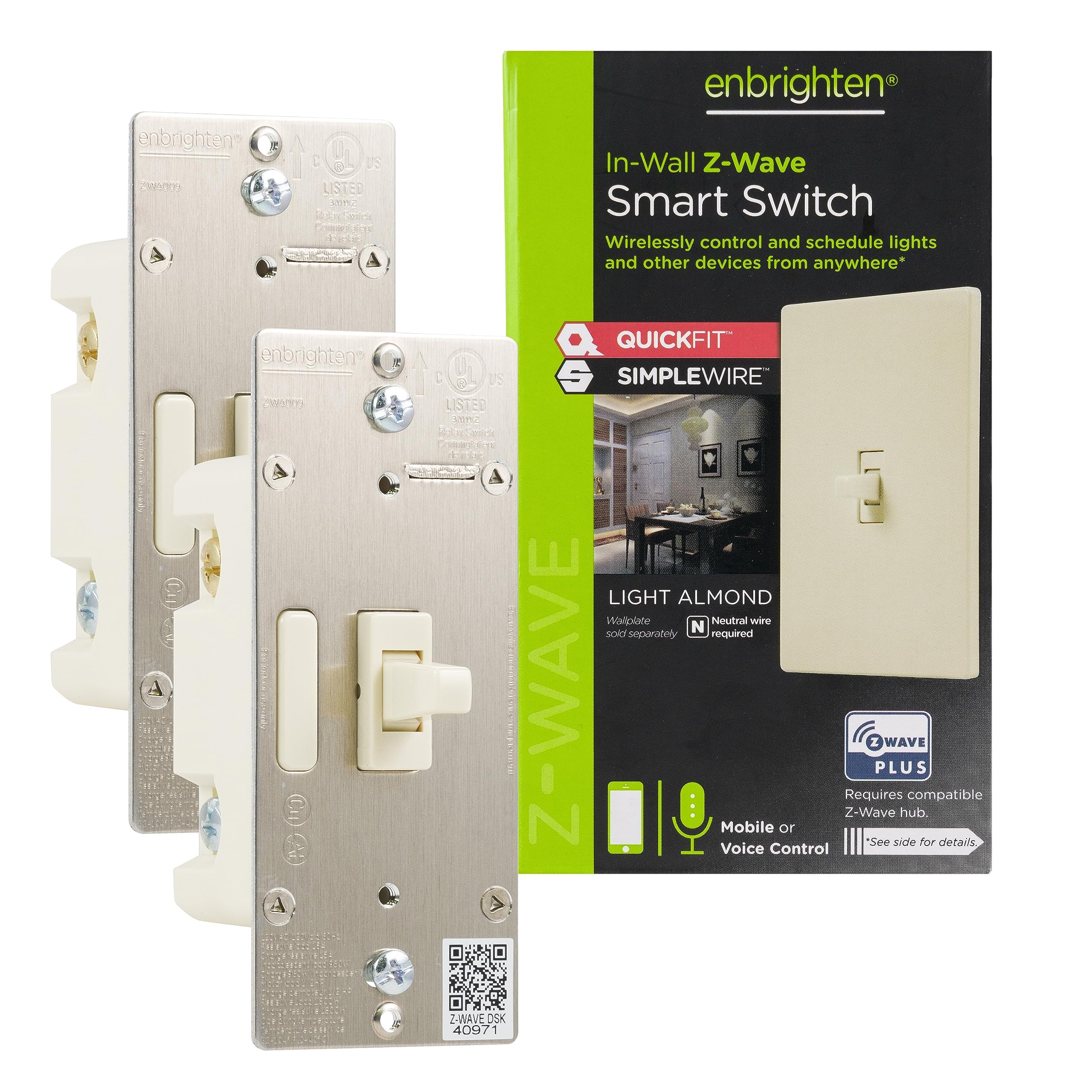 Almond Z-Wave Plus Smart Light Switch With Quickfit And Simplewire, 3-Way Ready, Compatible With Alexa, Google Assistant, Zwave Hub Required, Repeater/Range Extender, Toggle, 24 Pack, 82686