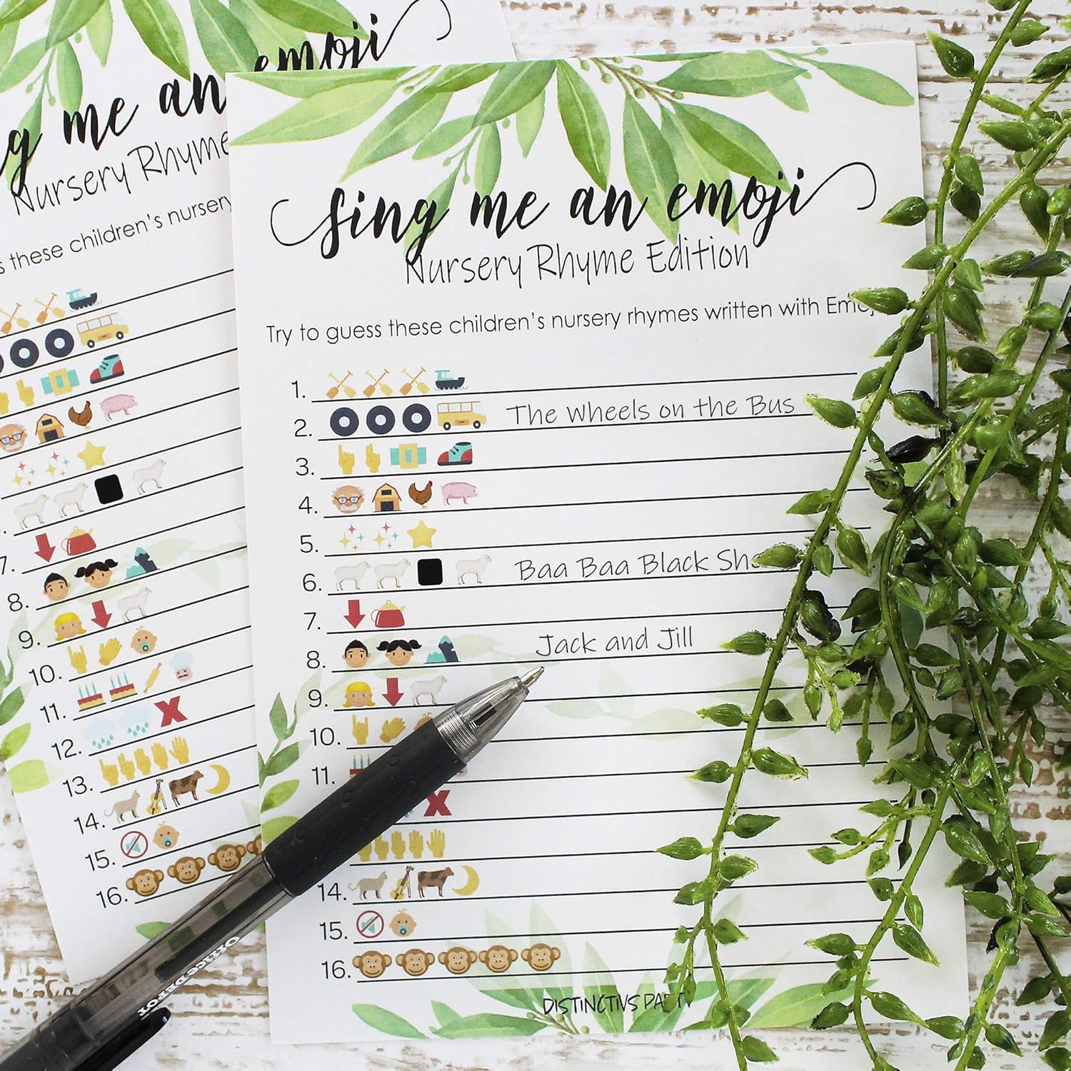 Greenery Baby Shower Emoji Game - 20 Cards For Guest, Eucalyptus Nursery Rhyme Activity With Answer Key