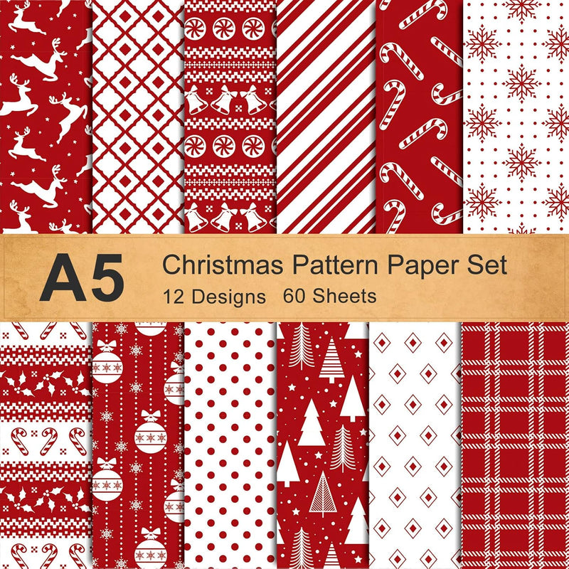 12 Designs Christmas Pattern Paper A5 Size 60 Sheet Snowflake Reindeer Christm