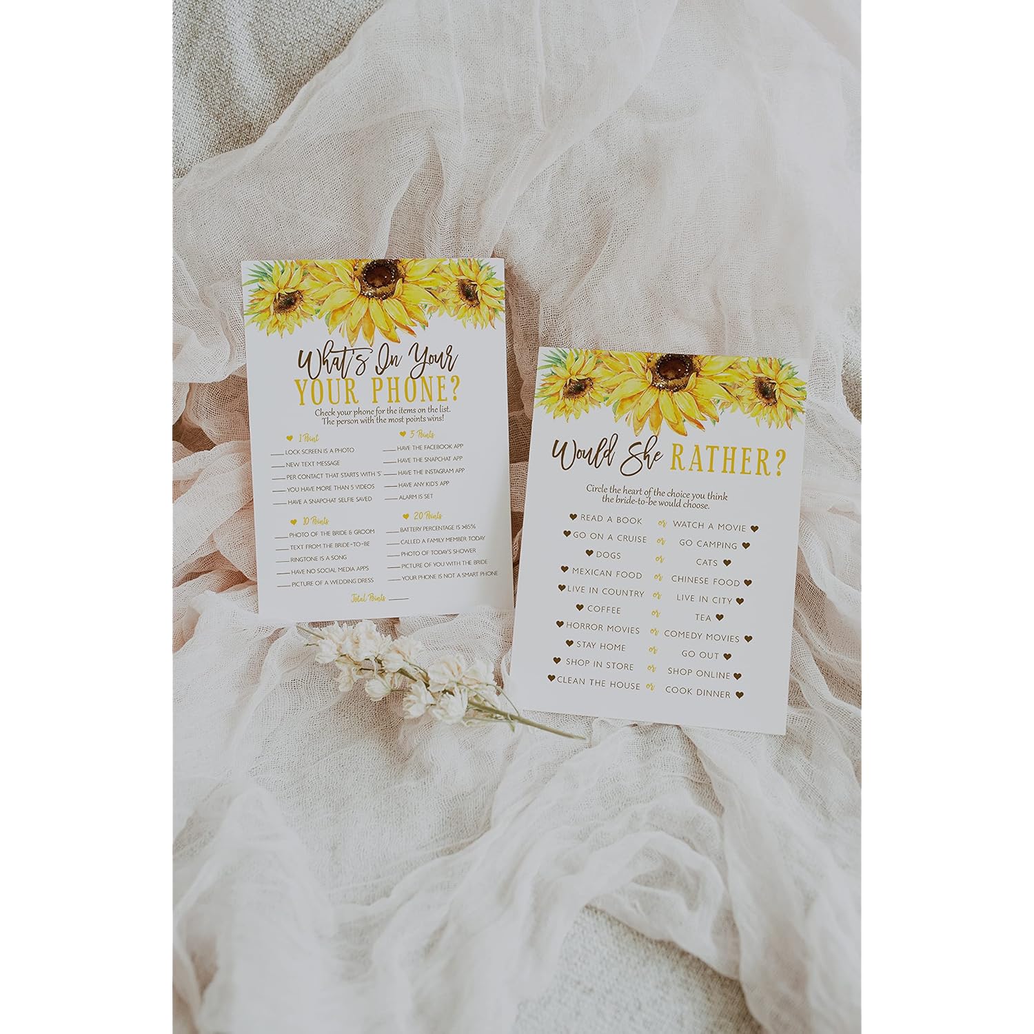 Sunflower Bridal Shower Bachelorette Games - He Said She Said, Find The Guest Quest, Would She Rather, Phone Game - 25 Games Each, Printed Front And Back, 1 Game Per Side