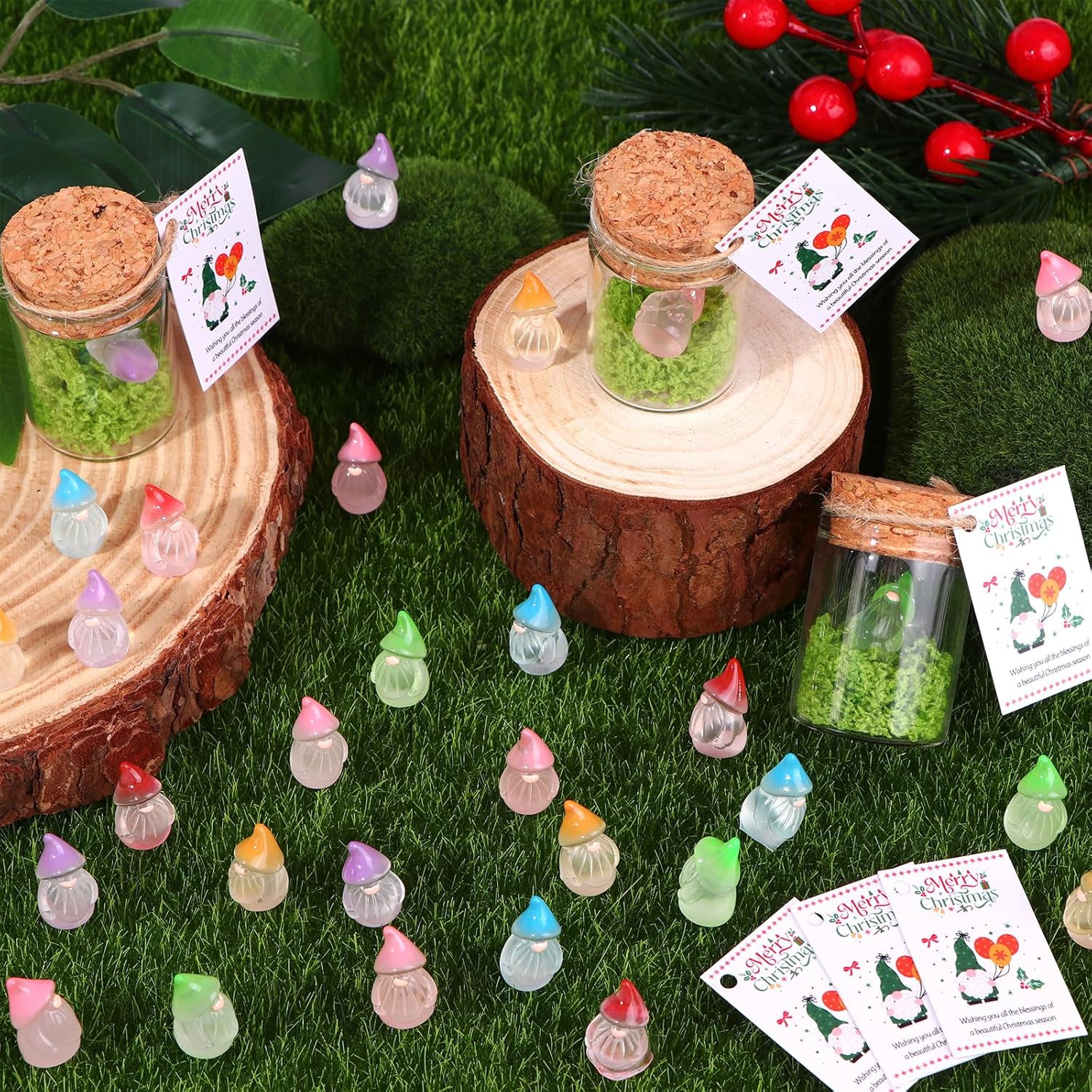 48 Sets Christmas Mini Resin Gnome Gifts In A Glass Jar With Moss&Card Glow In The Dark Adopt A Gnome Fingure Luminous Gnomes Crafts For Xmas Class Winter New Year Gifts Diy Party Goodie Bag Fillers