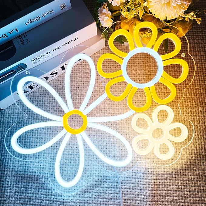 Daisy Flower Neon Sign LED Boho Wall Light 13.39 x 13.23 Inch Warm Cool White Yellow Acrylic Decor