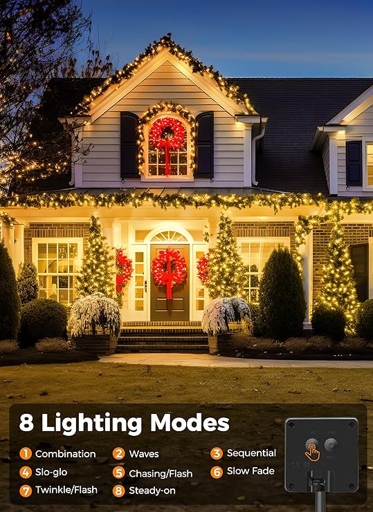 40FT Solar String Lights Outdoor Waterproof 100 LED Solar Powered Fairy Lights with 8 Lighting Modes IP65 Weather Resistant Warm White Lights for Garden Patio Tree Party Christmas Decor