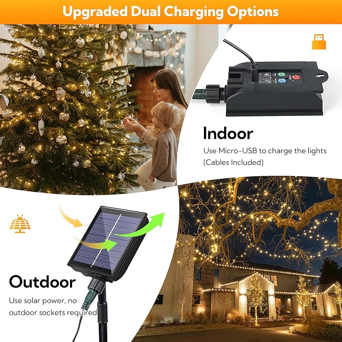 2 Pack 144FT Solar String Lights 400 LED Warm White Waterproof Outdoor Christmas Lights