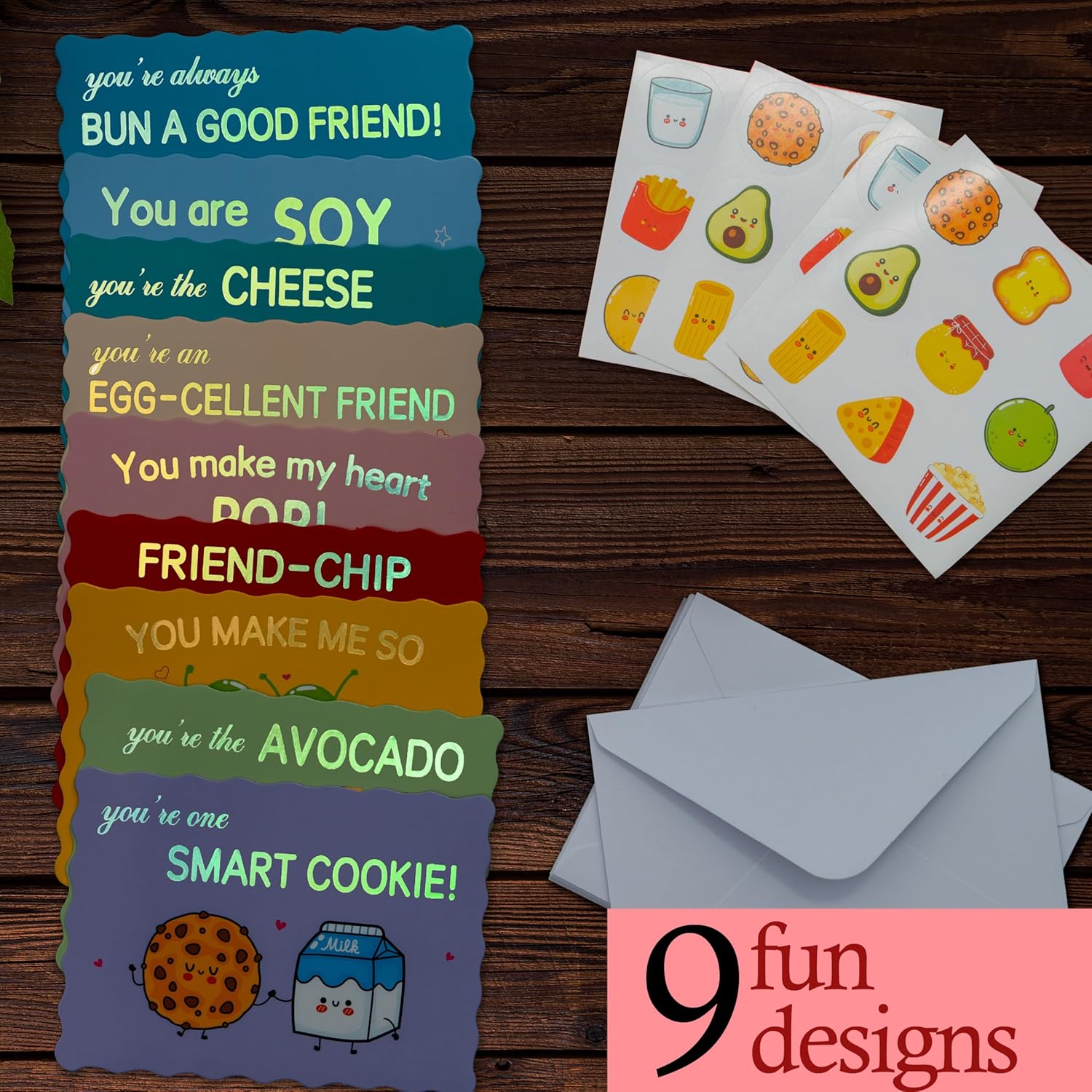 Prophet 36 Pack Gold Foil Valentines Day Cards for Kids School, 9 Assorted Designs with Envelopes & Cartoon Scented Strawberry Stickers, Great for Boys ? Girls Classroom Activities