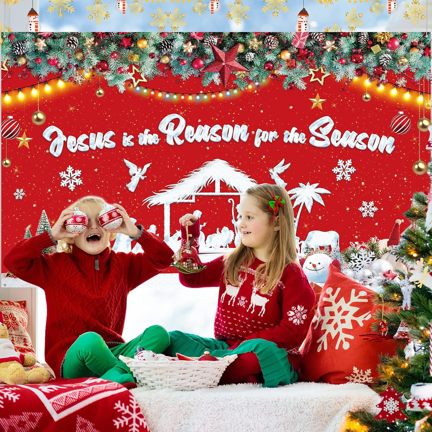 Christmas Nativity Decoration Christmas Backdrop Banner Jesus Is The Reason For The Season Party Photography Background Xmas Birth Of Jesus Decor For Christmas Winter Party Supplies, 72.8 X 43.3 Inch